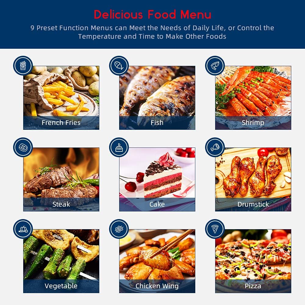 Nine preset cooking icons on the air fryer's digital display