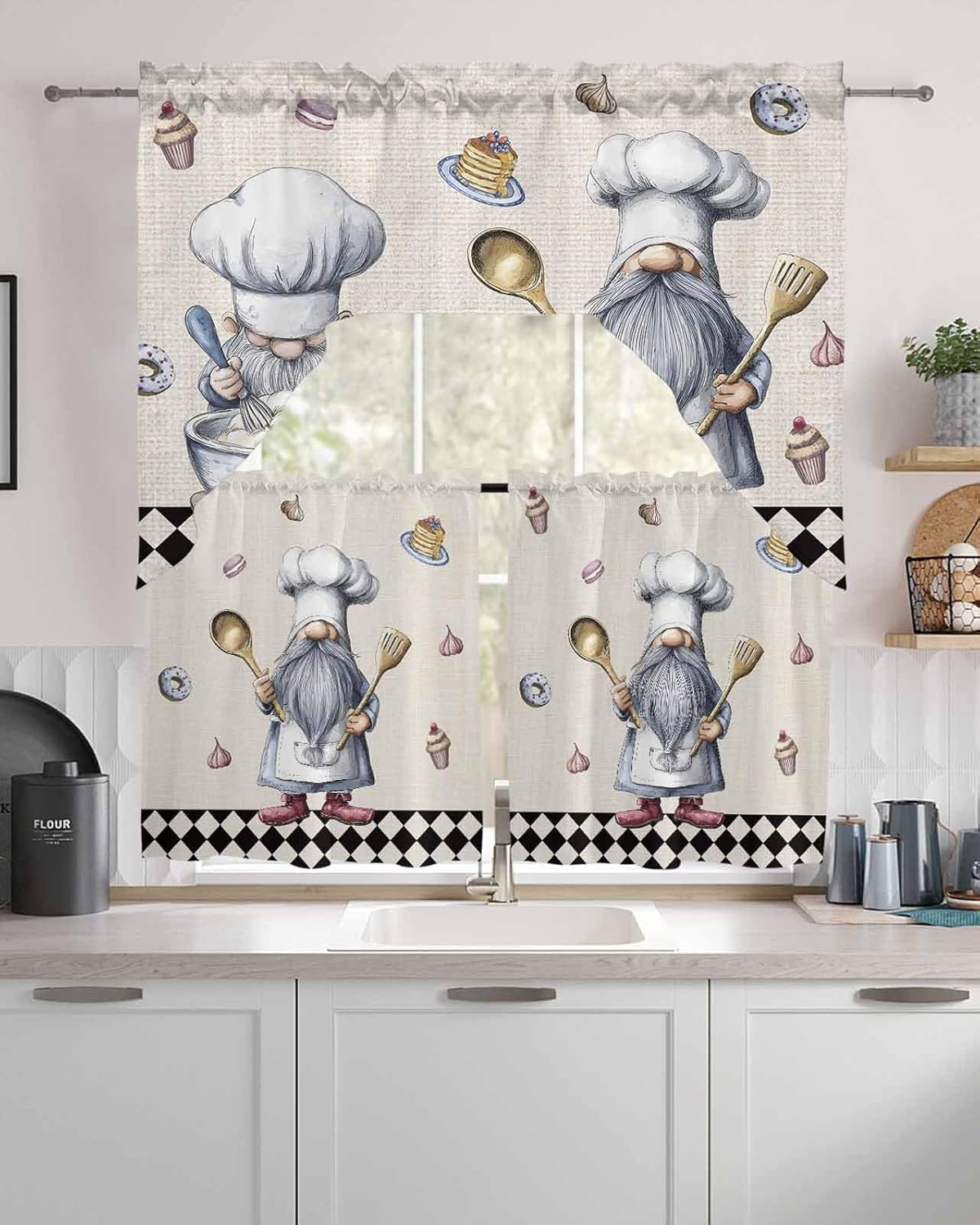 Chef Knife Cook Dessert Swag Kitchen Curtain Sets with Valance,3 Pieces Rod Pocket Curtain Drapes for Bedroom Bathroom Cafe Windows,Rustic Black and White Checkered Plaid 56''x36''&36''x27.5''x2Panels