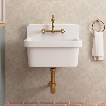 DeerValley Wall Mount Utility Sink 24 Inch, White Laundry Sink, Ceramic High Back Farmhouse Sink for Laundry Room, Garage, Kitchen, Bathroom