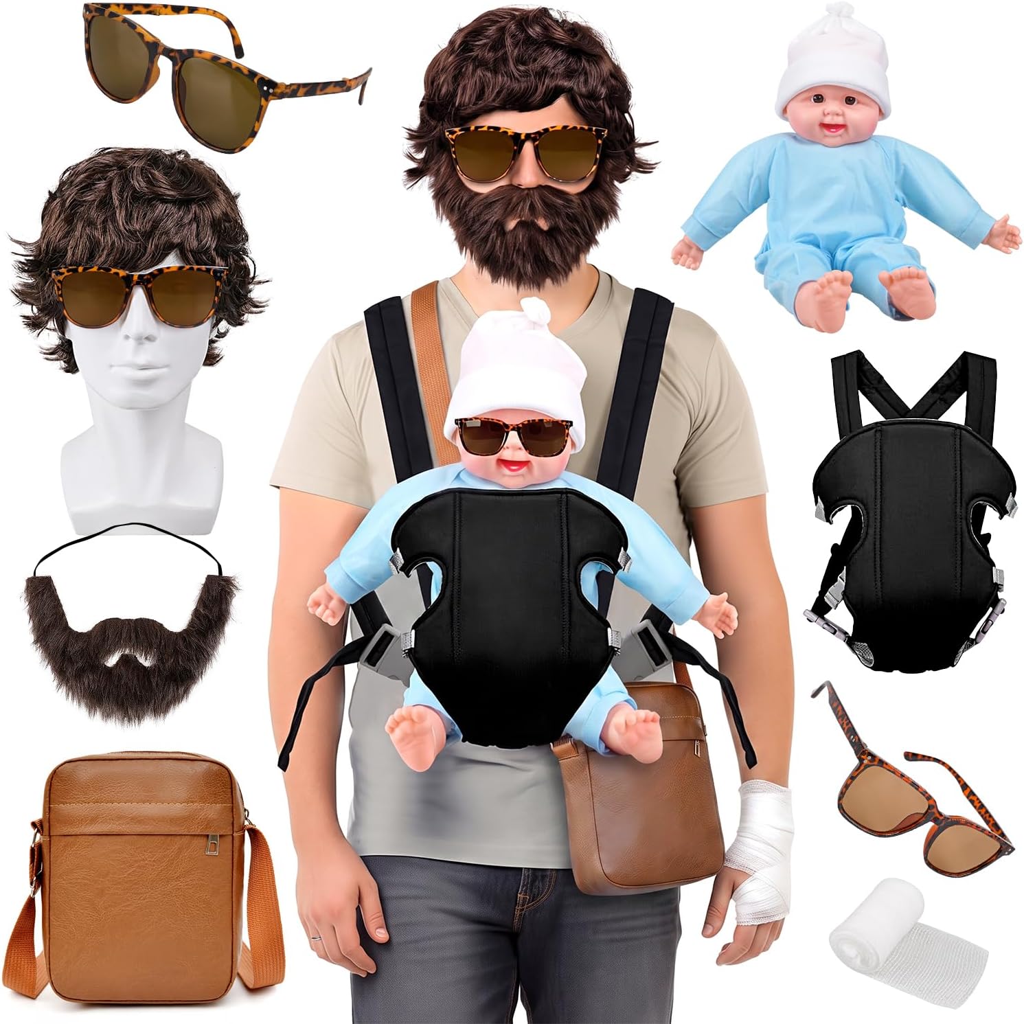 MOVINPE Hangover Costume Halloween Accessories Set, Doll Baby Carrier Brown Wig Fake Beard Moustache Crossbody Bag Sunglasses Bandage Film Character Role-Playing Cosplay Costume