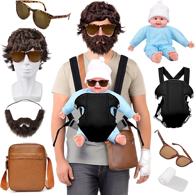 MOVINPE Disfraz De Resaca Conjunto De Accesorios De Halloween, Muñeca Portador De Bebé Peluca Marrón Barba Falsa Bigote Bolso Bandolera lentes de sol Vendaje Película Personaje Juego De Rol Disfraz De Cosplay