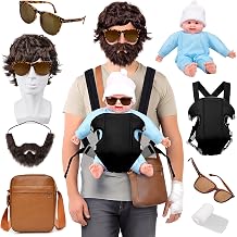 Hangover Costume Halloween Accessories Set, Doll Baby Carrier Brown Wig Fake Beard Moustache Crossbody Bag Sunglasses Bandage Film Character Role-Playing Cosplay Costume