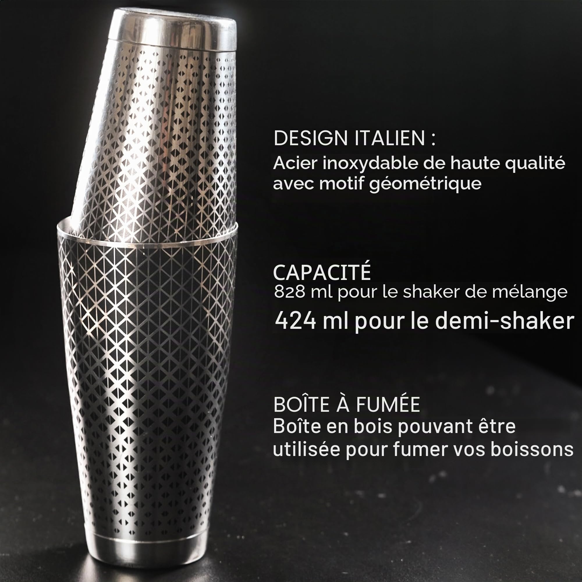 Kidia Boston Shaker Professionnel en Acier Inoxydable 304 avec Motif Géométrique Noir – Set 2 Tins 828 ml + 424 ml – Coffret en Bois Inclus – Kit Barman pour Cocktails, Bar (Classique)