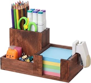 Maitys Wood Pen Holder Wooden Desk Organizer 3 Compartments Office Supply Organizer with Pencil Holder Paperclip Storage Sticky Note Rack Desk Organizers Ideal Gift for Class Home Office
