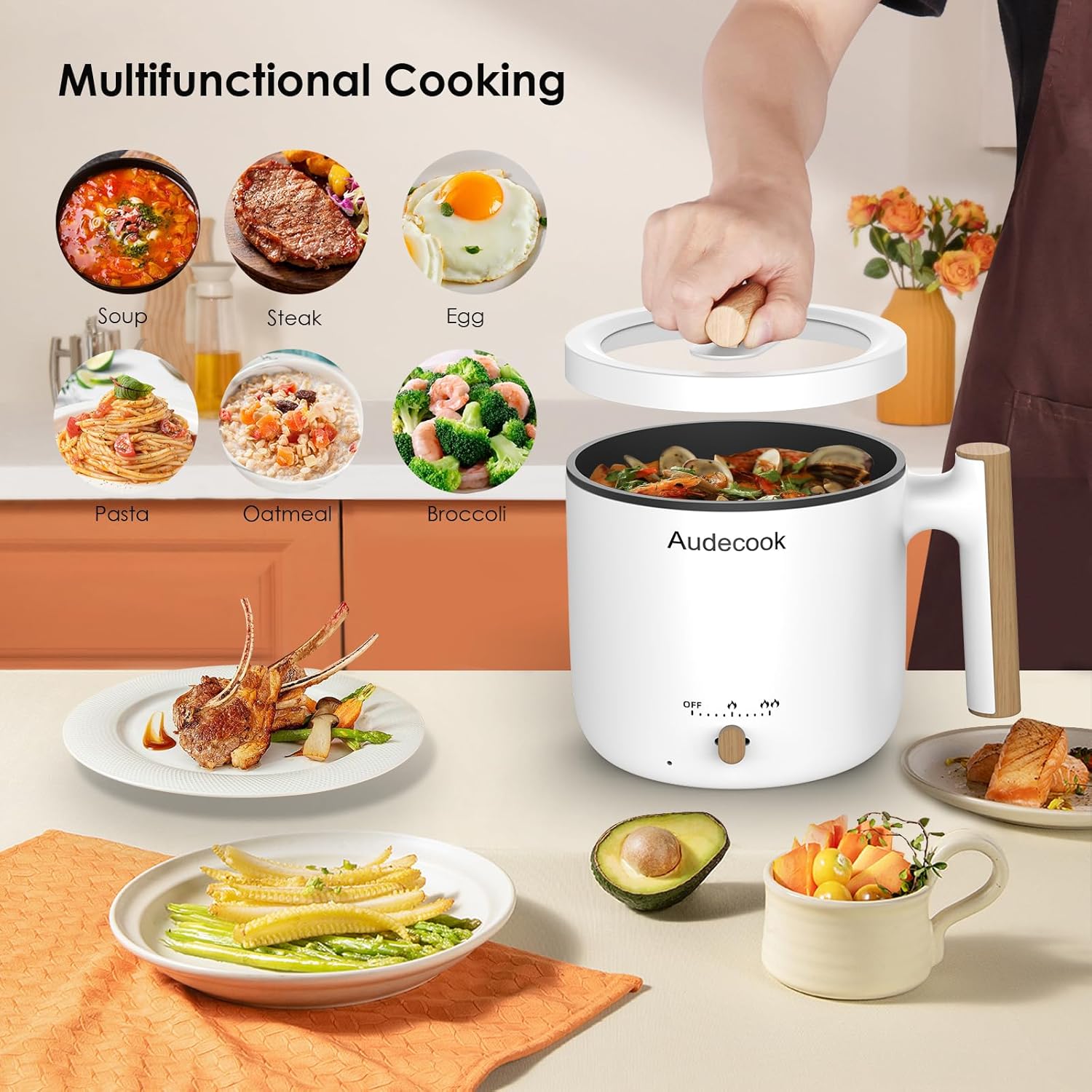 Audecook Electric Hot Pot, 1.8L Portable Non-Stick Mini Multi Cooker, Shabu Hot Pot, Rapid Ramen Cooker with Dual Power Control, Electric Skillet for... - Image 2