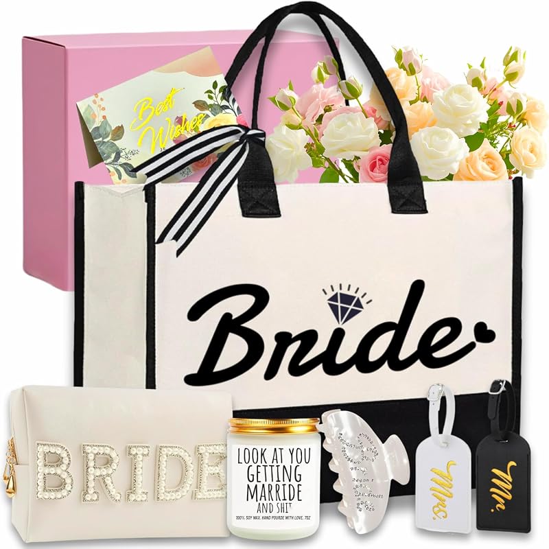 Kit-presente Vryxond para noiva com bolsa de lona, necessaire BRIDE, vela perfumada, presilha de cabelo, etiquetas de bagagem e cartão