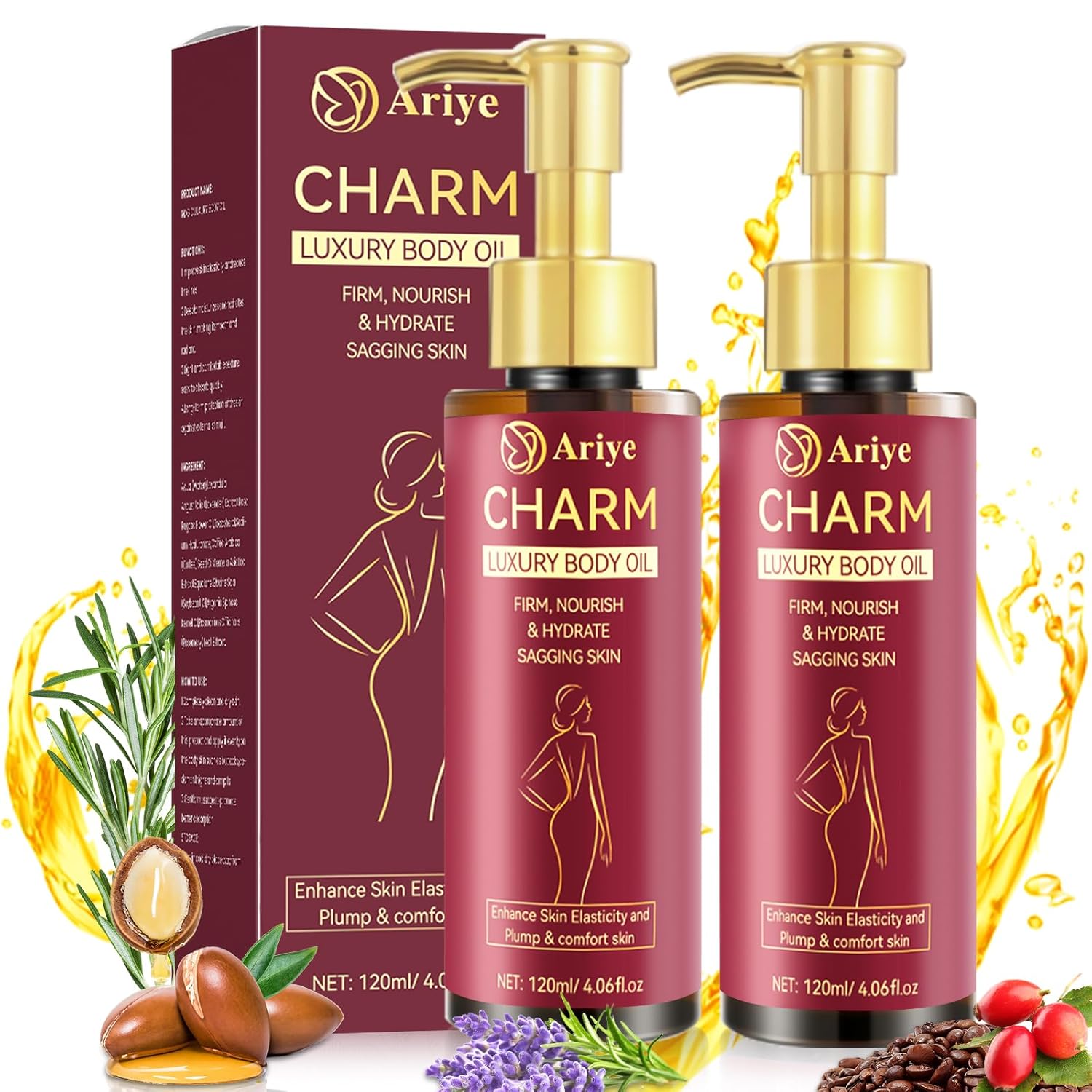 ARIYE Body Firming Oil Luxury Glow Remedy,Body Oil After Shower,Women Tightening&Hydrating Treatment for Arms,Legs,Stomach&Body,Natural Firming Oil for Dry Skin,Non-Greasy Body Serum-4.06 OZ (2PCS)