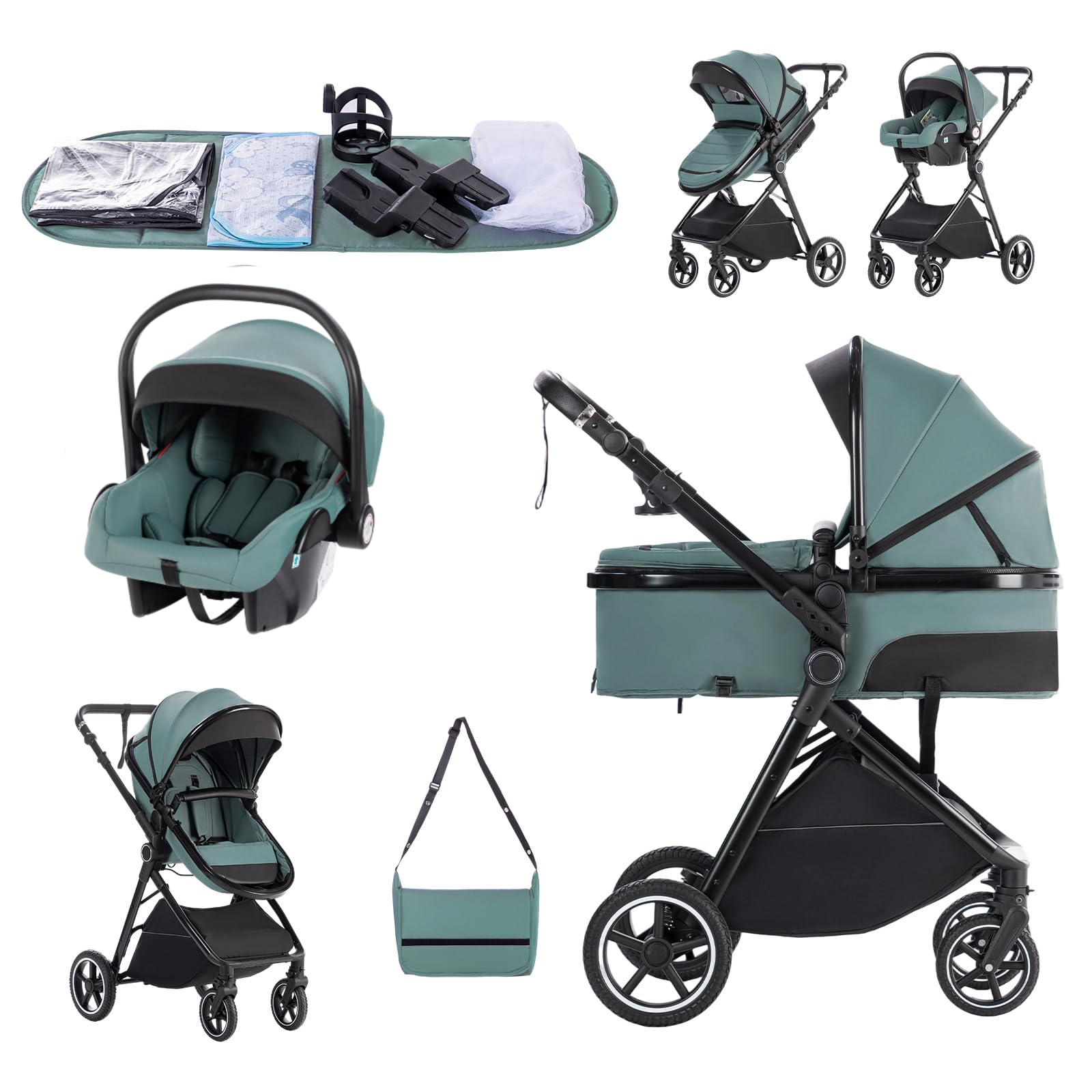 Zkiprm Carrito de Bebe 3 en 1, Conjunto Plegable Portátil con un solo Toque Carrito Bebe, Con Asiento y Reclinable Silla de Paseo, Incluye mosquitera, funda para la lluvia, portavasos, bolsa,0 a 3 año