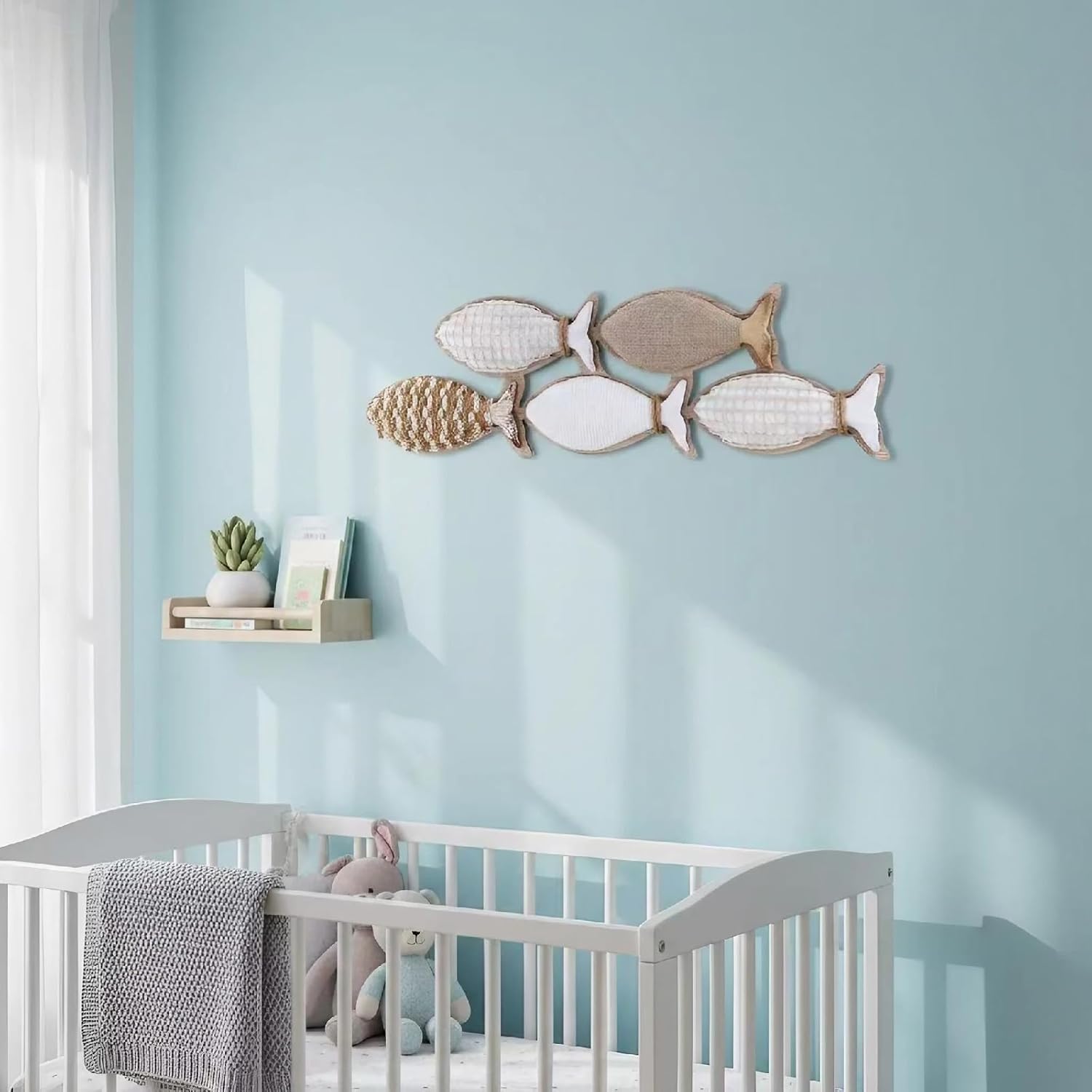 Handcrafted Wooden Fish Wall Decor Nautical Jute Rope Hanging Woven Fish Net Design for living room bathroom bedroom Set of 5