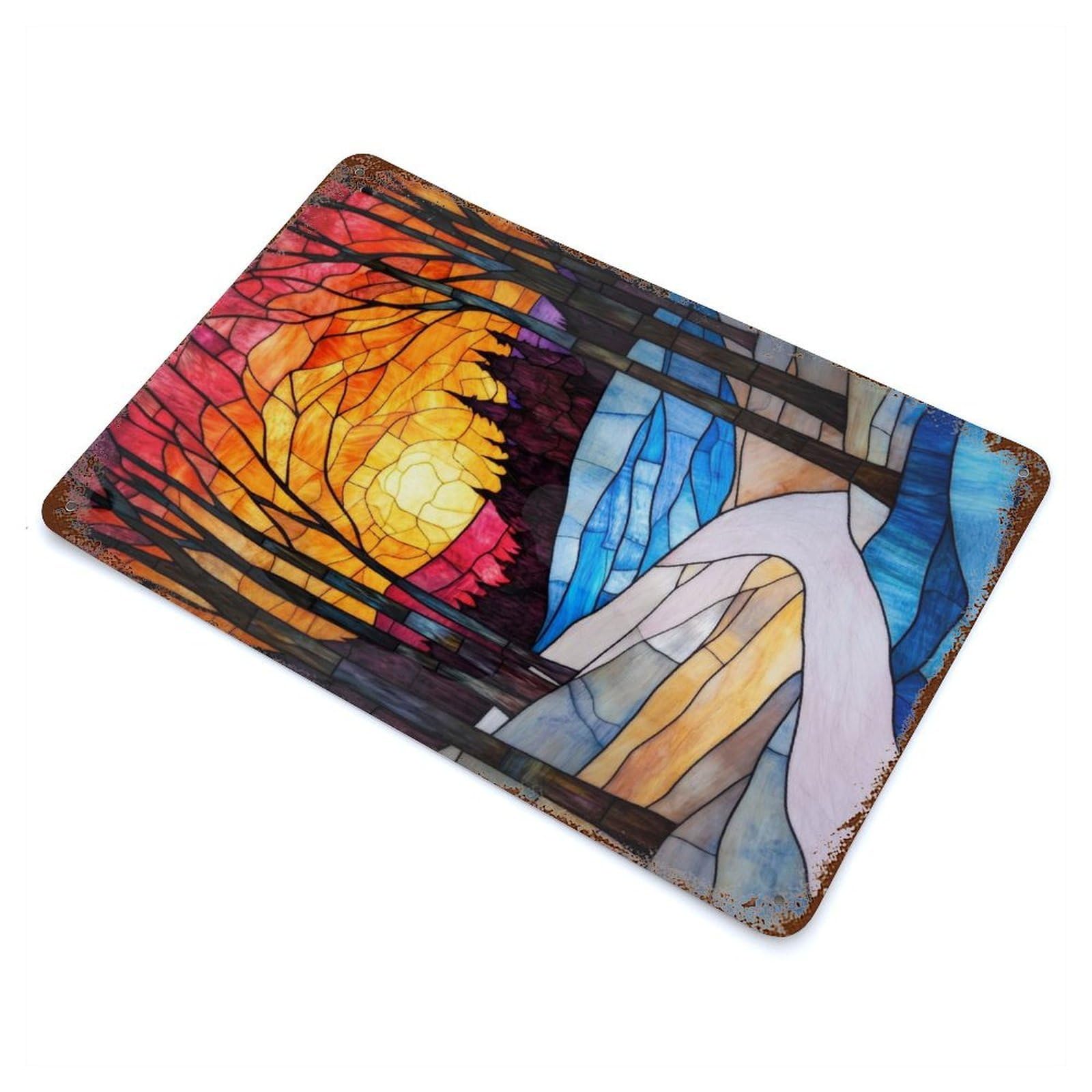 Stained Glass Sunset Landscape Decorative Tin Sign 11.8"x7.9", Ideal for Basement, Hobby Room And Garage Decor