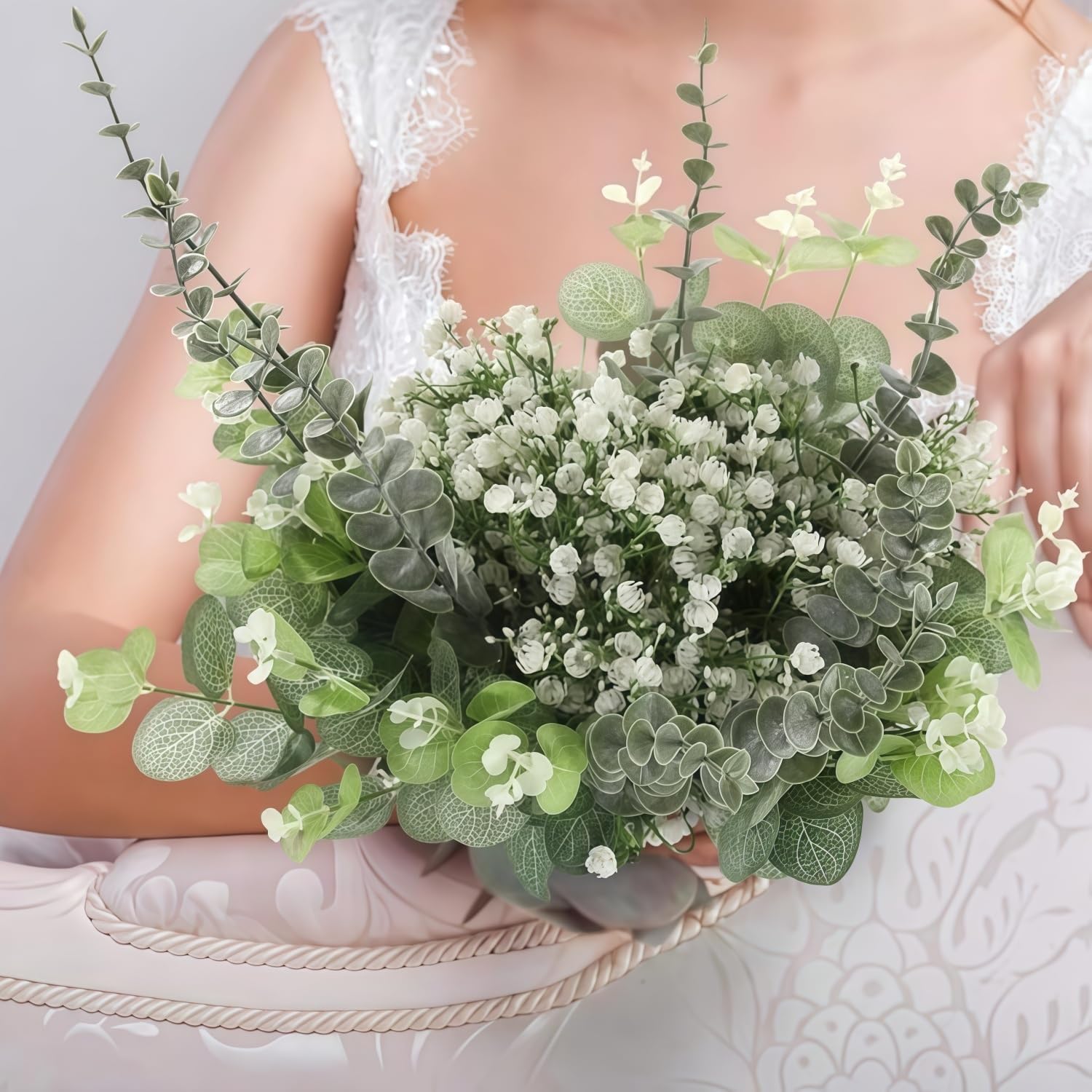 100 Pcs Mixed Artificial Greenery Set, Fake Gypsophila & Eucalyptus for DIY Wedding Bridal Bouquet
