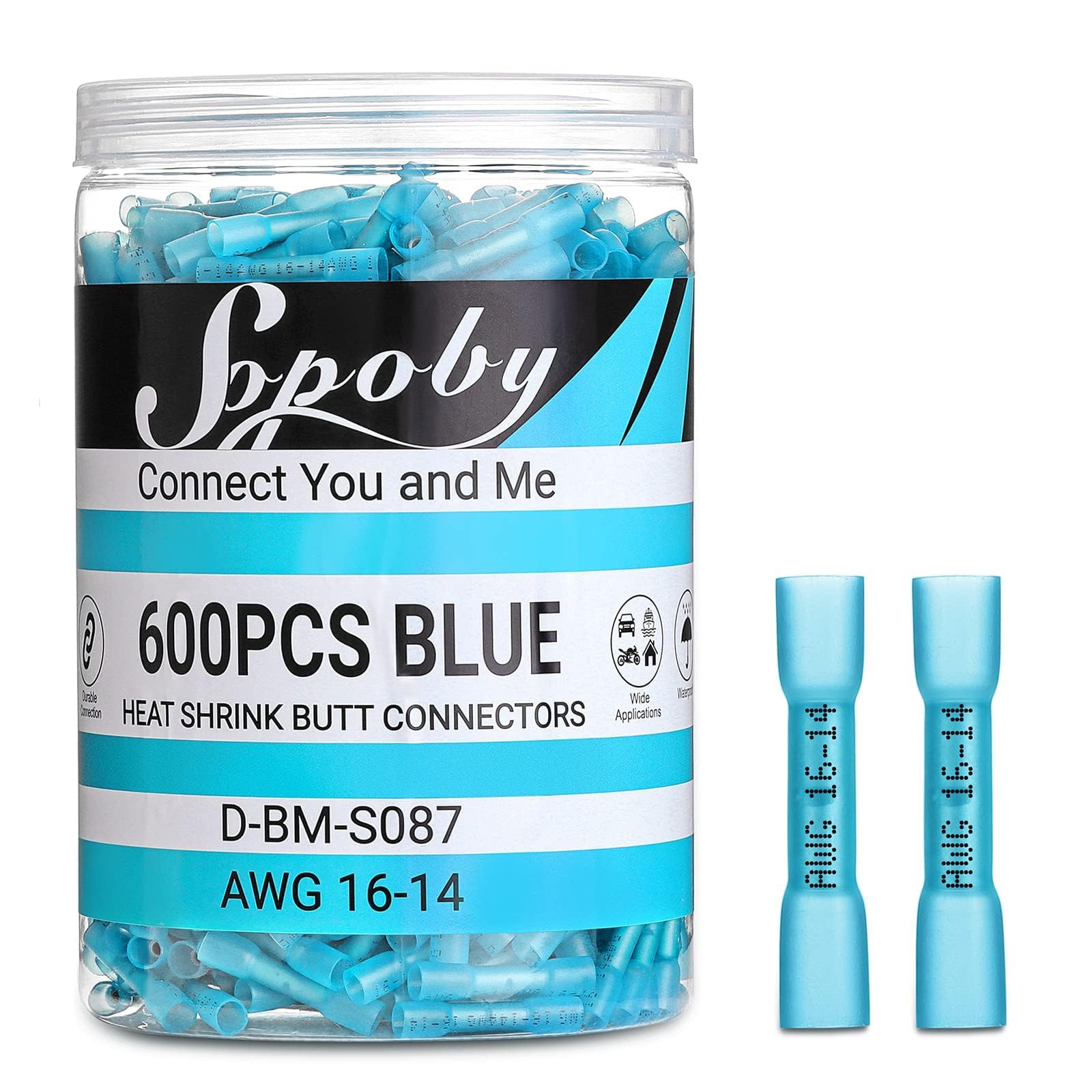 Sopoby 600PCS Heat Shrink Butt Connectors Blue 16-14 AWG-Tinned Red Copper Marine Grade Butt Connectors - Wire Splice Connectors- Waterproof Electrical Connectors for Marine,Boat,Stereo