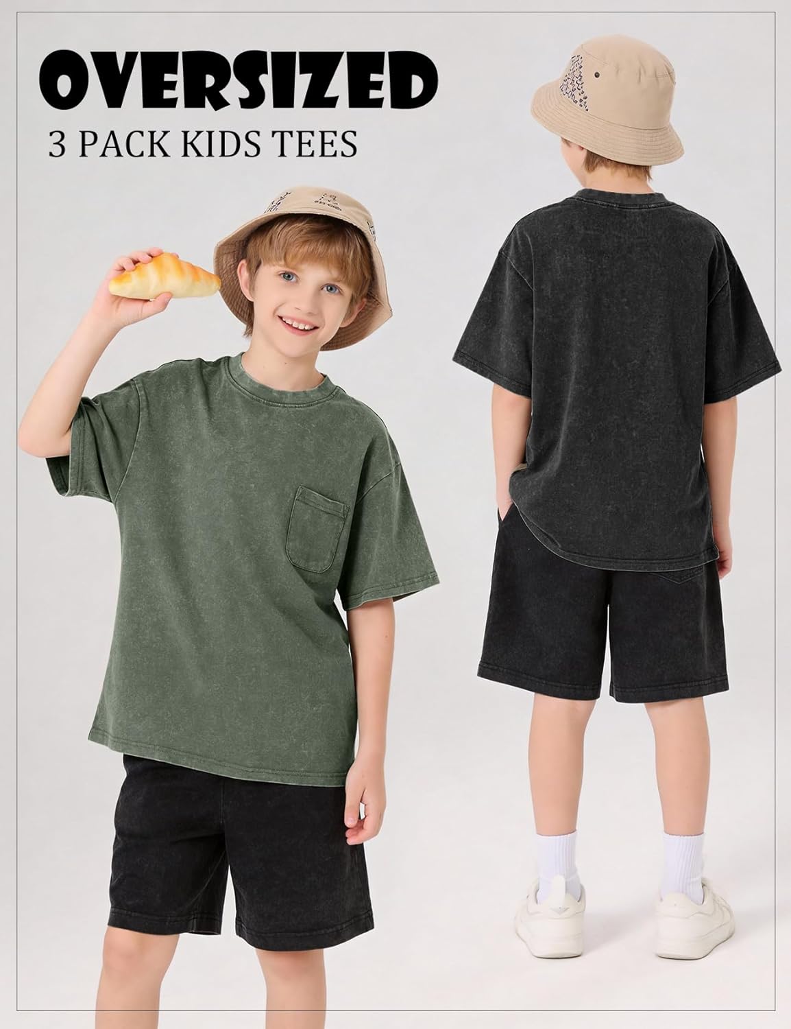 Flygo Boys Girls 3 Pack Cotton Tshirts Unisex Kids Acid Wash Crewneck Basic Tees Summer Vintage Short Sleeve Plain Tops 5-14Y