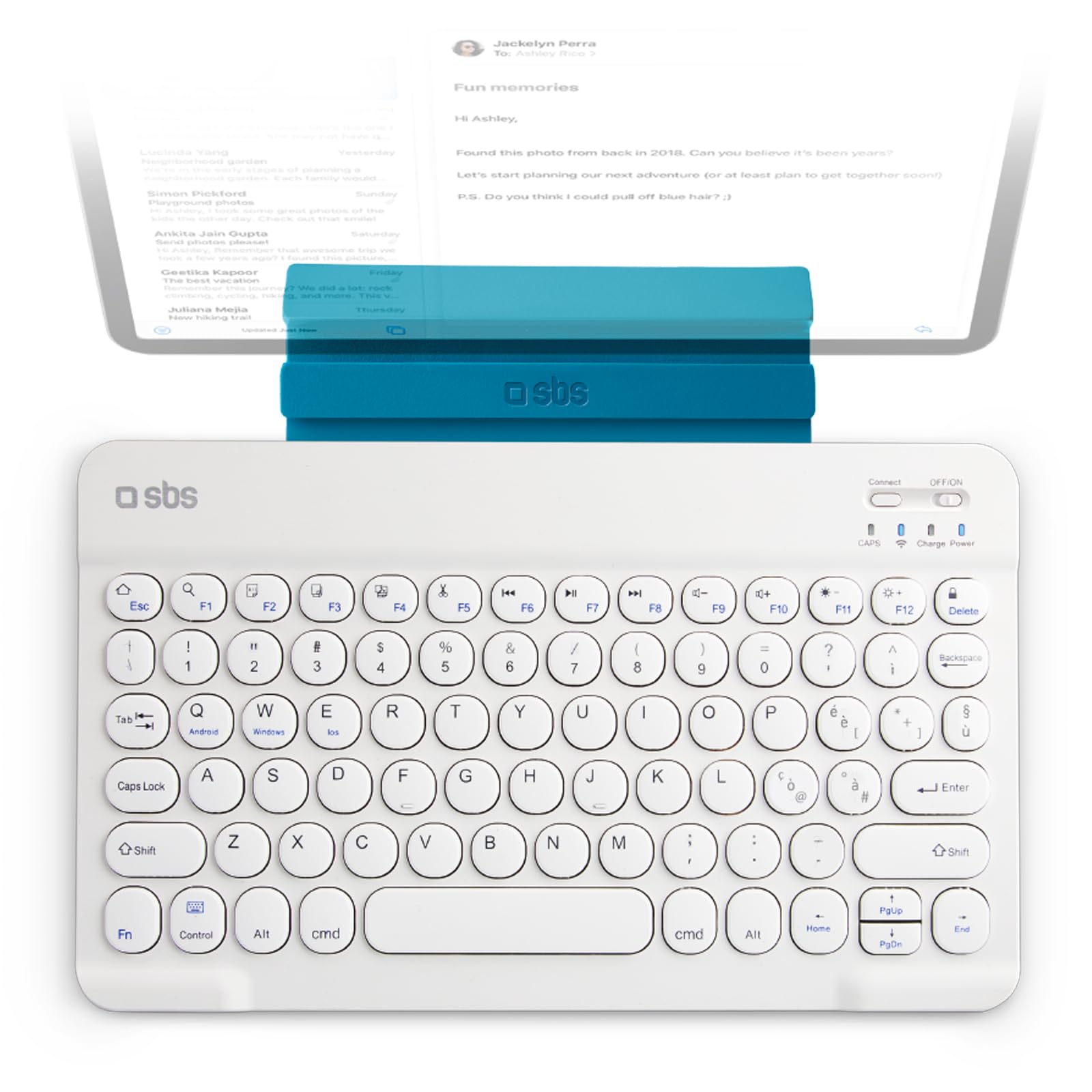SBS Tastiera Wireless Bluetooth Universale, QWERTY | Ricaricabile, Stand Integrato, per Tablet, iPad, Smart TV, Smartphone, Design Sottile, Bianca