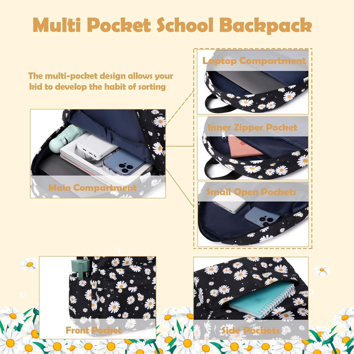 Kimwadalh Girls Bookbag for School, Black Daisy Lightweight Girls Schoolbag for Preschool Elementary High School - Image 3