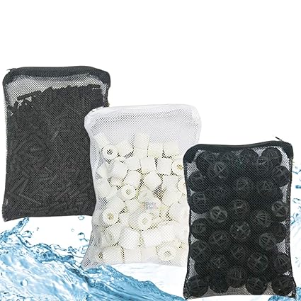 Vayinato Aquarium Filtration Trio- 15 Pcs Bio Ball, Carbon-250G and Ceramic Ring-250g with Net Bag for Aquarium Complete Water Quality Solution