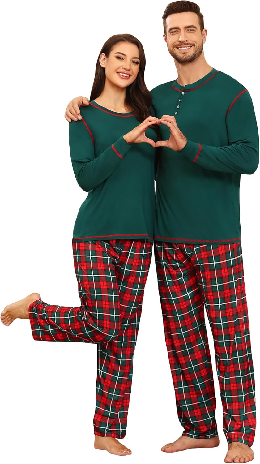 SWOMOG Couple Christmas Pajamas MEN & WOMEN Pjs Long Sleeve Top & Plaid Bottom Soft Sleepwear Loungewear