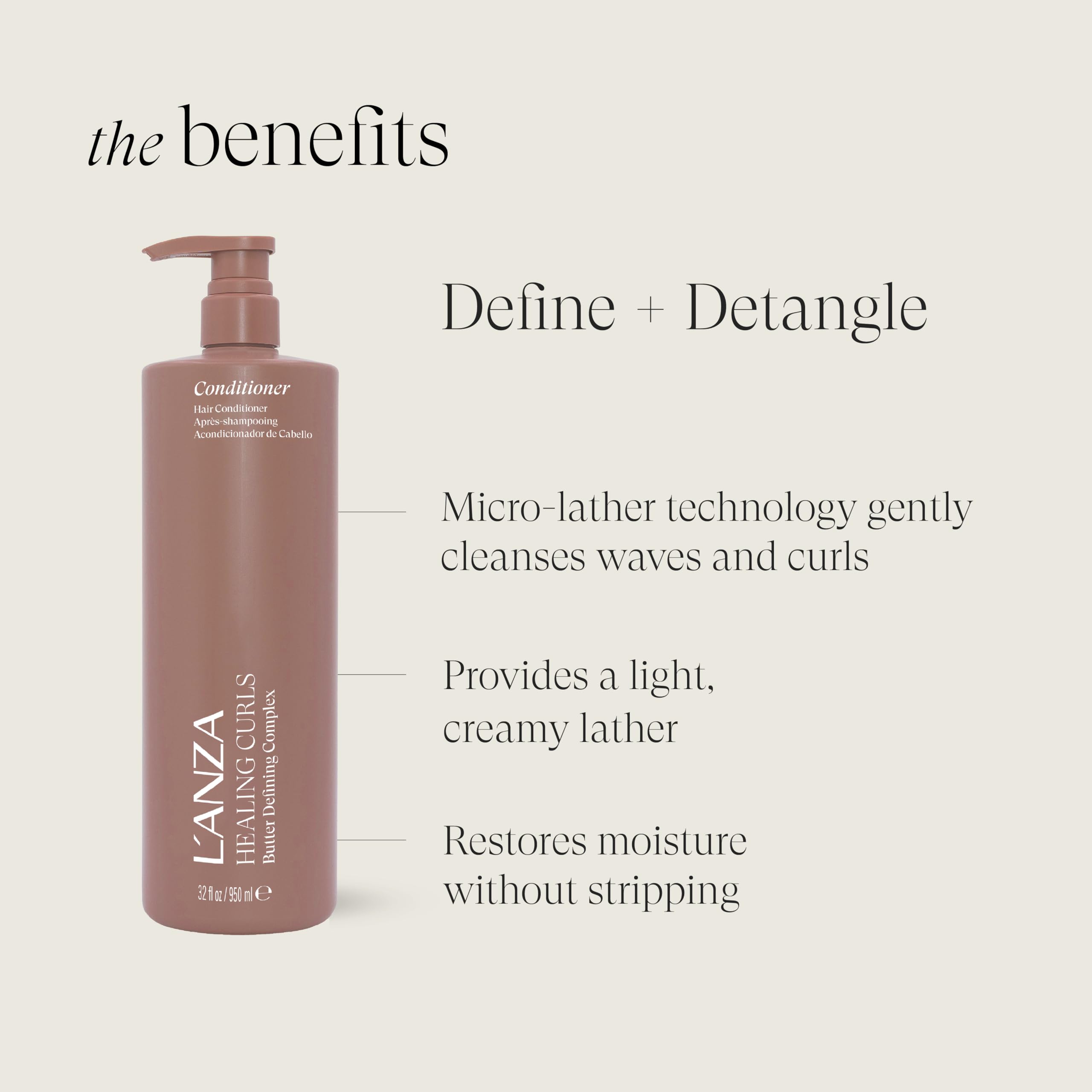 L'ANZA Acondicionador para Cabello Rizado - Producto hidratante para cabellos rizados, ideal para desenredar el pelo mediante humectantes naturales, sin sulfatos ni parabenos