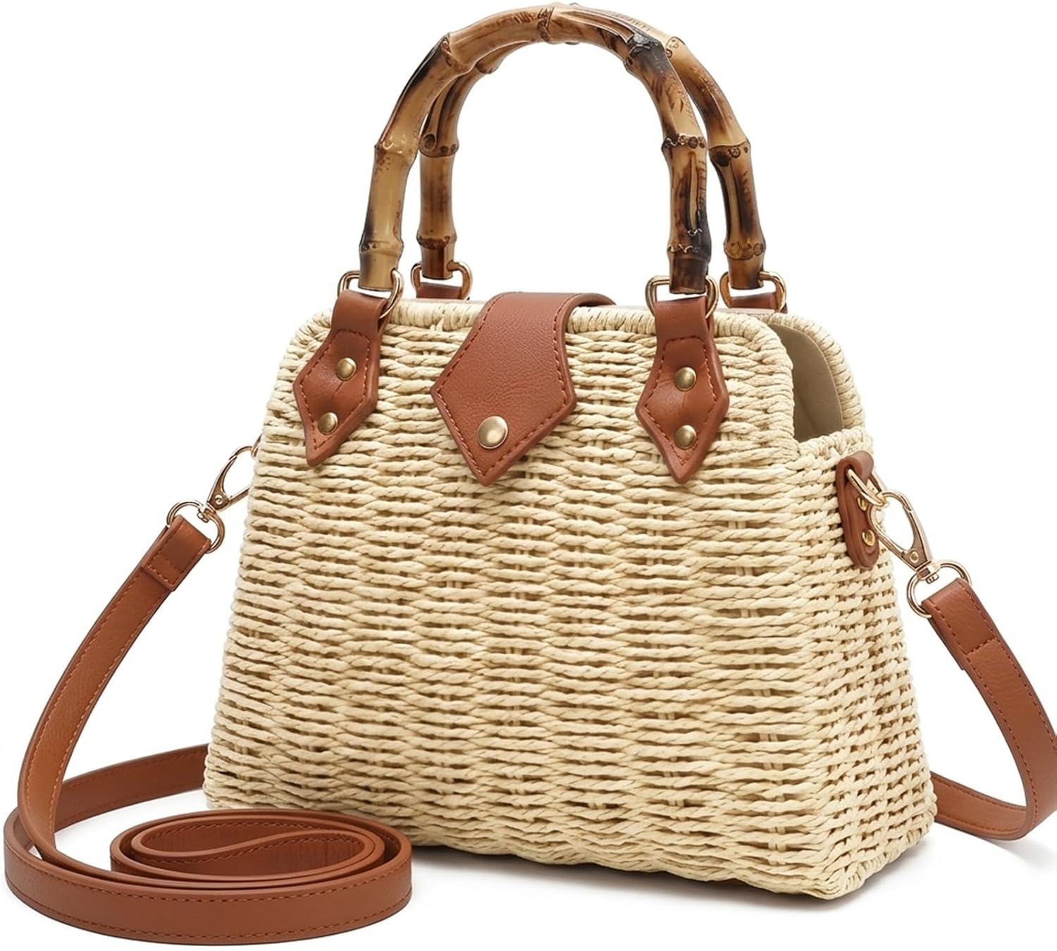 Straw Crossbody Bag for Women Woven Summer Beach Purse Handmade Vintage Rattan Shoulder Bag Boho Satchel HandBag for Holiday
