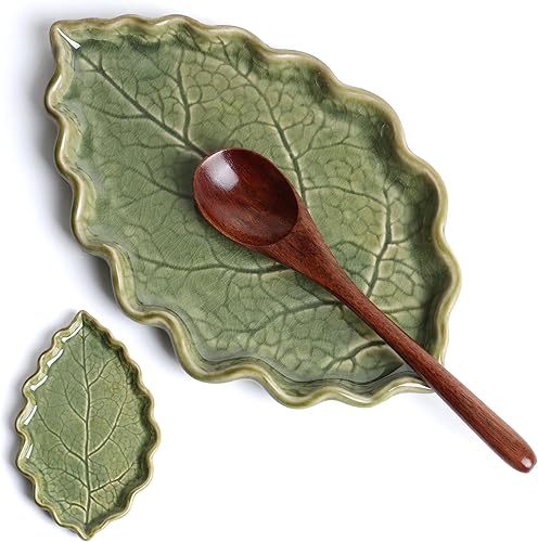 Soporte de cuchara de cerámica para la parte superior de la estufa Lindo soporte de cuchara en forma de hoja verde para encimera de cocina Soporte