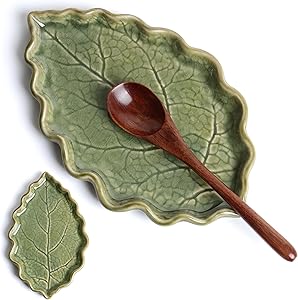 Ceramic Spoon Rest for Stove Top - Cute Green Leaf Shaped Spoon Rest/Spoon Holder for Kitchen Countertop - Cooking Kitchen Spoon Rest Utensil Rest Spatula Rest (Green)