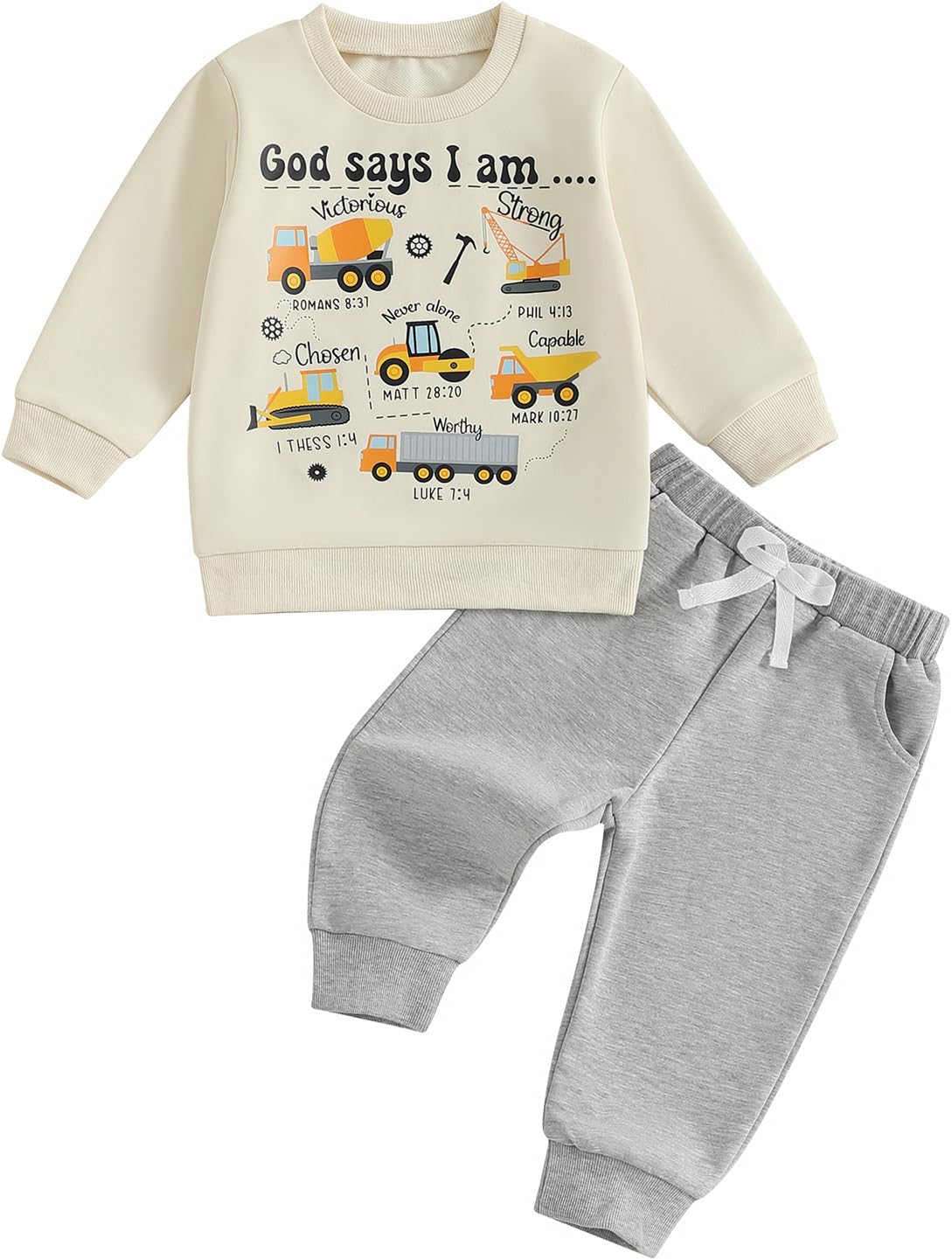 FOCUSNORM Toddler Baby Boy Fall Winter Outfit Excavator Embroidered Long Sleeve Sweatshirt Elastic Jogger Pant 2 Pcs Clothes