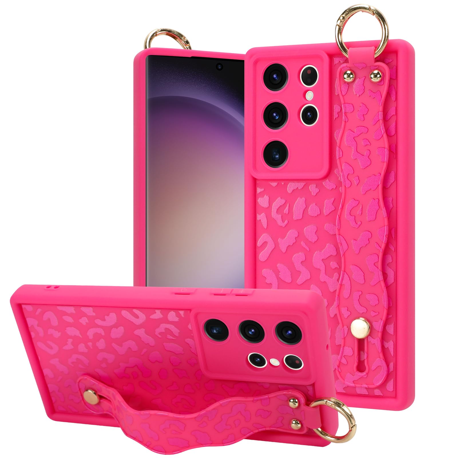OOK Compatible with Samsung Galaxy S23 Ultra Leopard Case with Wrist Strap, Hot Pink Leopard TPU Shockproof Protection Slim Cover with Camera
