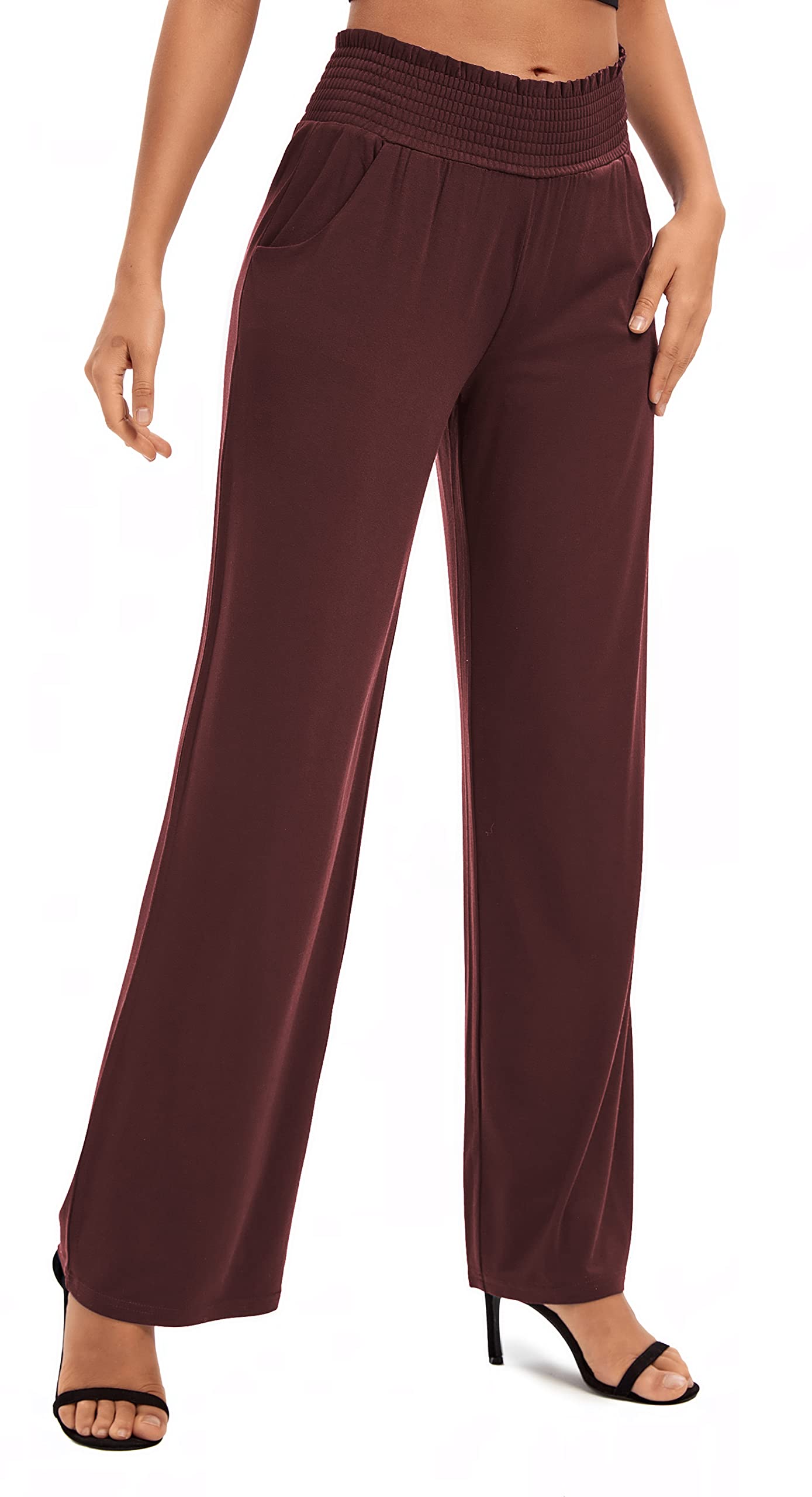 Urban Coco Pantalon Palazzo Fluide Taille Haute pour Femme - Taille élastique - Jambe Large - Extensible - Jambe Droite - Pantalon habillé et décontracté