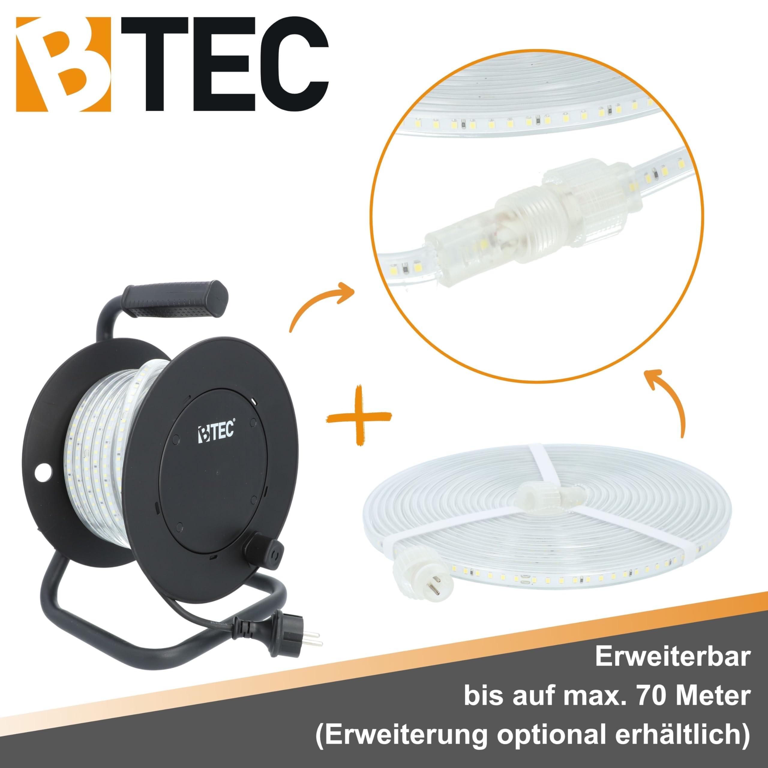 BTEC LED Lichtschlauch Kabeltrommel 15m – 135W 15000lm – IP54 Outdoor & Indoor – Baustellenbeleuchtung, Gartenbeleuchtung, Partylicht, Arbeitslampe, erweiterbar bis 70m