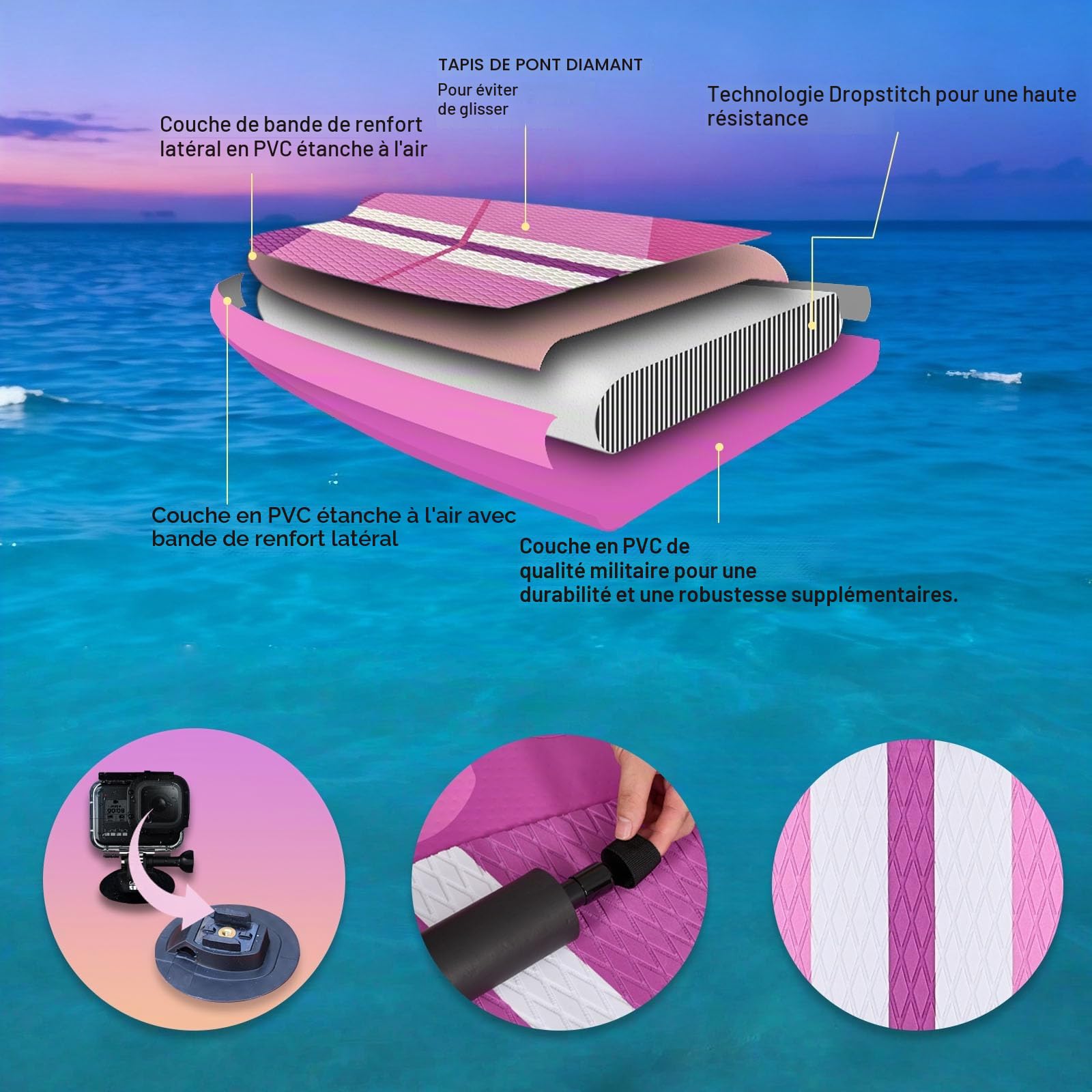 Stand up Paddle Gonflable Planches gonflables, siège Kayak,330 x 76 x 15 cm, jusqu'à 150 kg, Support GO-Pro,Pad intégré, 3 Ailes, Double pagaie réglable, Accessoires complets, Pink