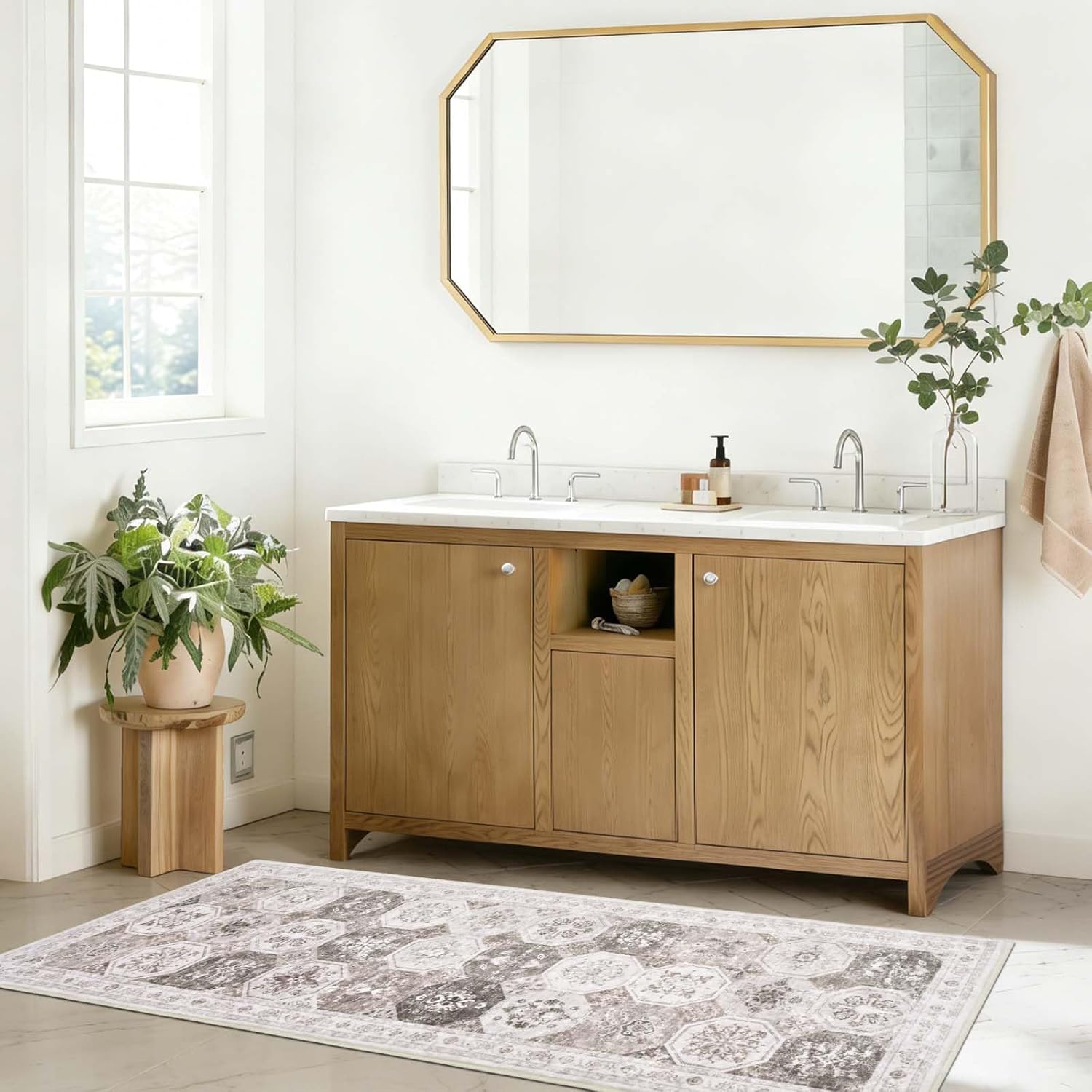 Yinhua Bathroom Runner Rug Non Silp, 18x47 Inch Boho Long Bath Mat Washable, Absorbent Bath Rugs Soft Shaggy, Khaki Farmhouse Bathroom Rugs for Sink Shower Vanity