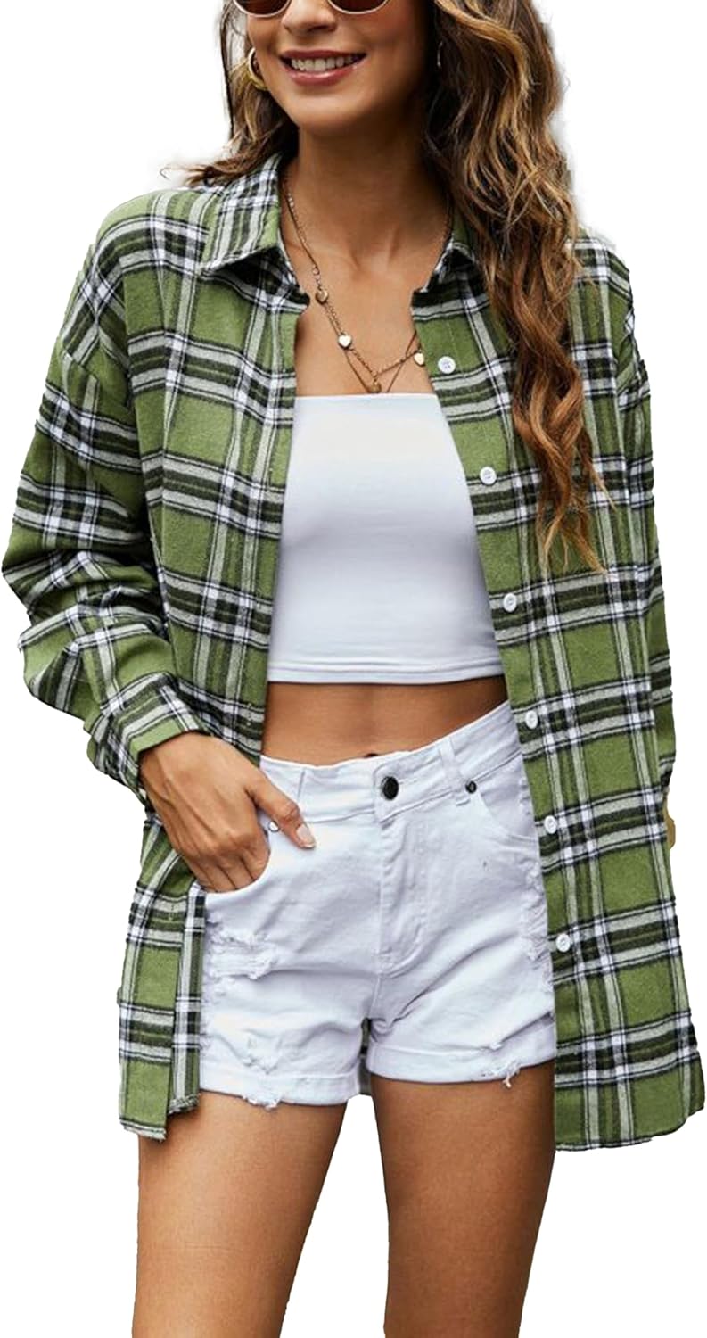 Womens Oversized Flannel Plaid Shirts Casual Button Down Blouse Tops with Pockets