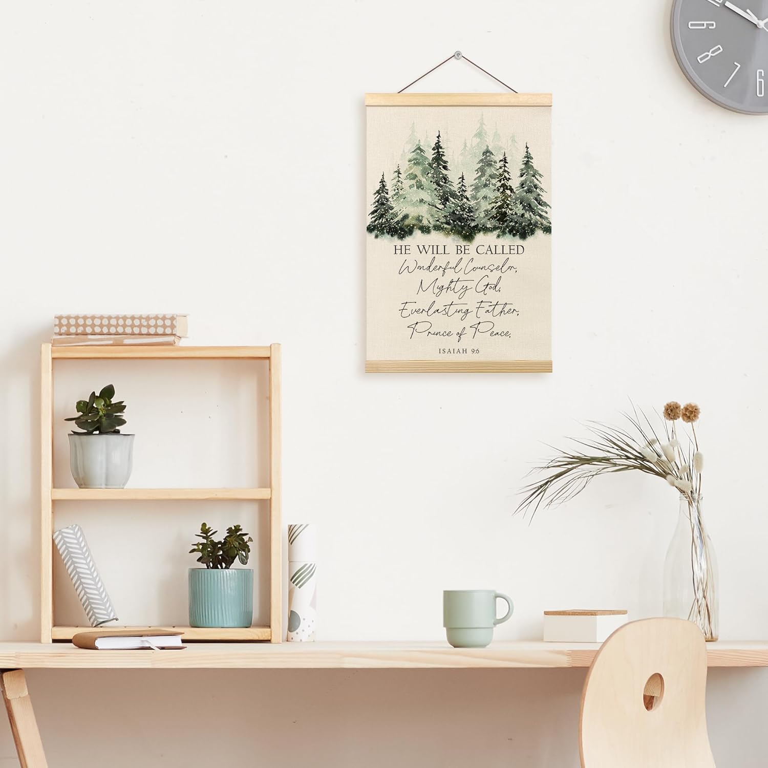 Christian Christmas Poster Hanger Frame, Christmas Winter Wall Decor, Bible Verse Christmas Religious Wall Hanging Decor for Home Church, Winter Forest Wall Art Prints with Wood Frames, 12x16in