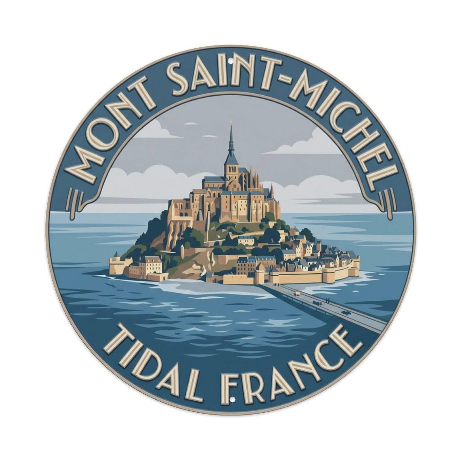 Mont Saint Michel Tidal France Abbey Metal Tin Sign Plaque Wall Decor for Cafe, Club Bar, Office, Home Garden Round Metal Poster 8x8Inch