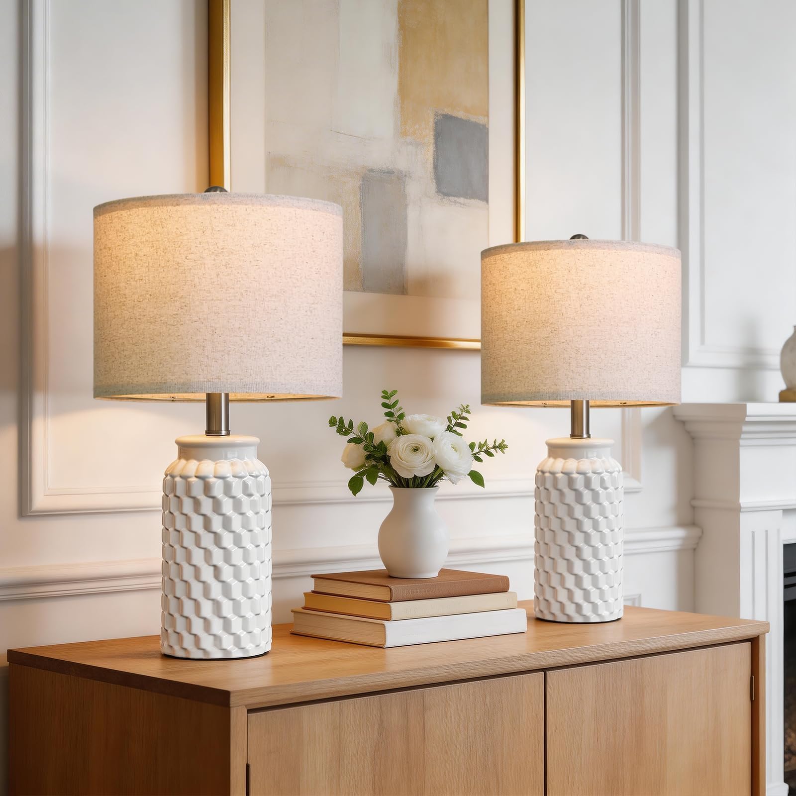 20.5" Small Bedside Lamps Set of 2, White Ceramic Nightstand Lamp