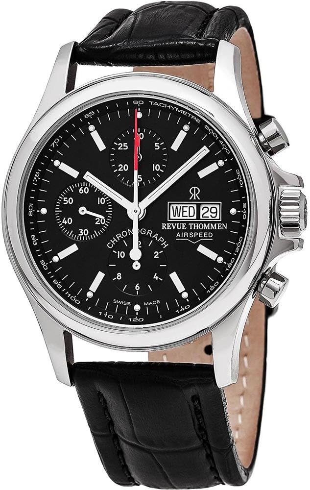 Revue Thommen Airspeed Heritage - Black Dial Chronograph Day Date Watch Mens - Black Leather Band Swiss Automatic Watch 17081.6534