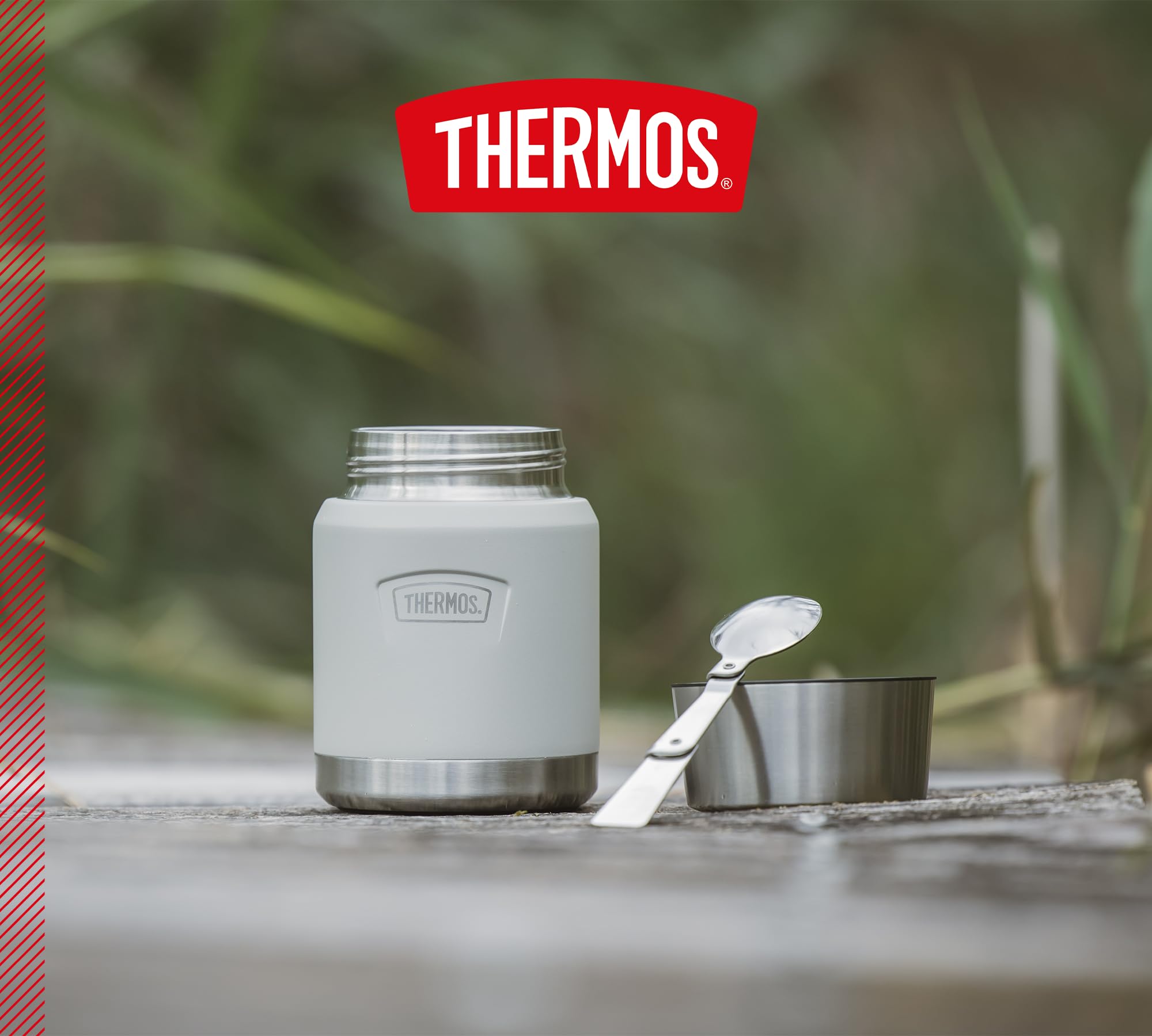Thermos ICON Food Jar 0,47 L Beige Mate Sandstone - Recipiente para comida (470 ml, doble pared, acero inoxidable 18/8, mantiene el calor y el frío, con cuchara plegable, base antideslizante,