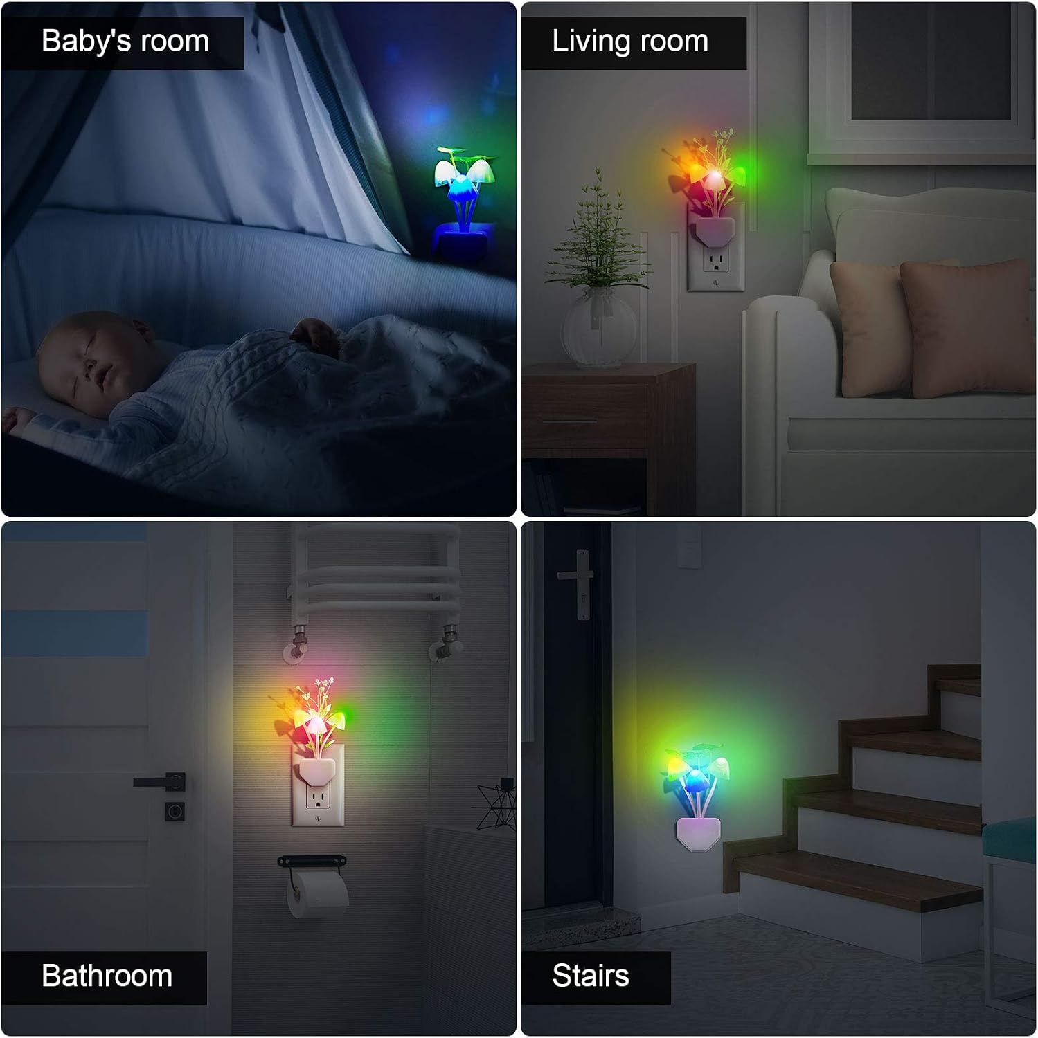6 Pcs Mushroom Night Lights 7 Color Change Plug Light Sensor Wall Lamp, LED Night Lights Mini Magic Mushroom Night Lights Sensor Wall Lamp for Kids Adult (Water Plants, Lotus Leaves)