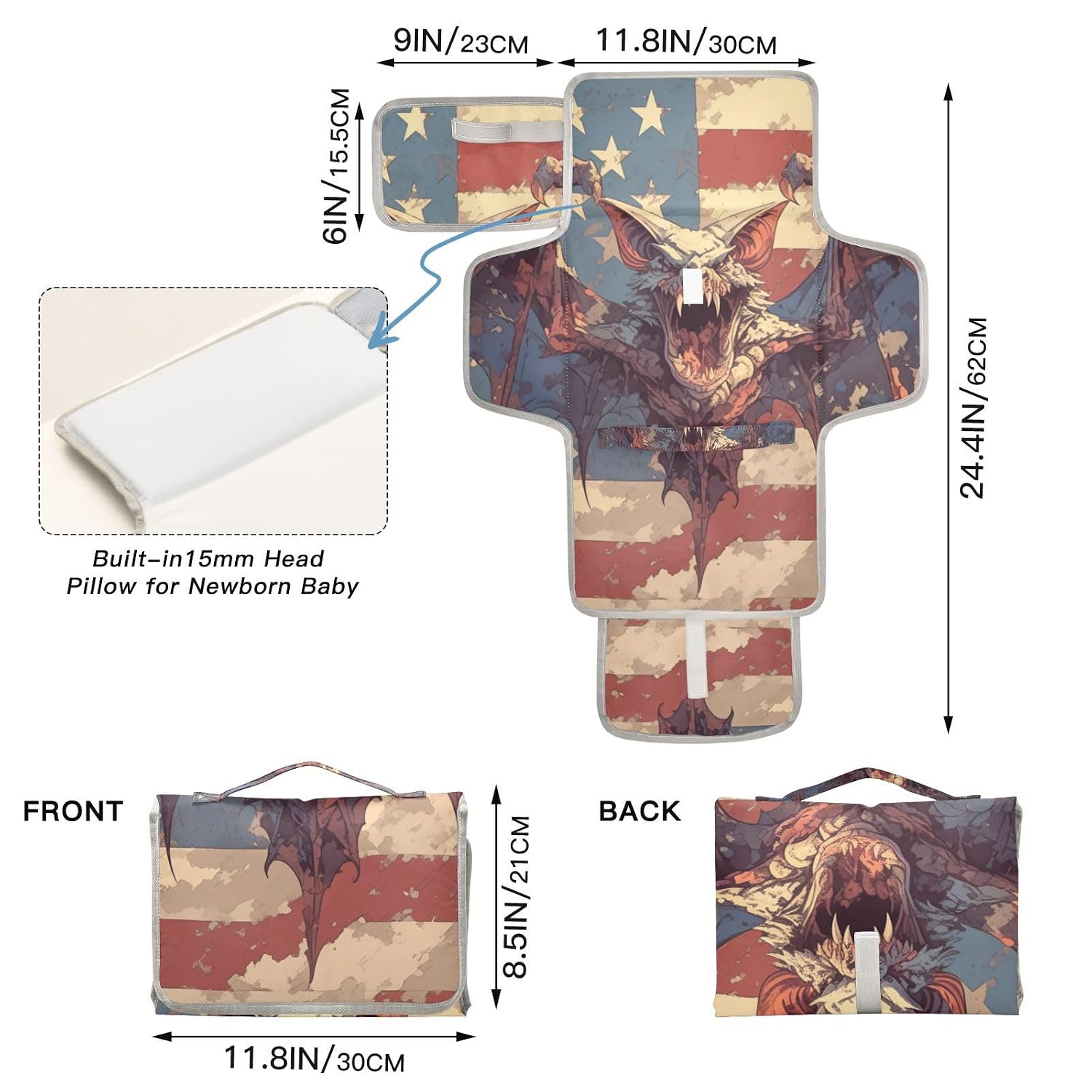 Scary Animal Vampire Bat 4th of July Independence Day Reusable Baby Changing mat with Tissue Pocket Portable Baby Changing pad for Girl & Boy cambiador de pa?ales para Bebes