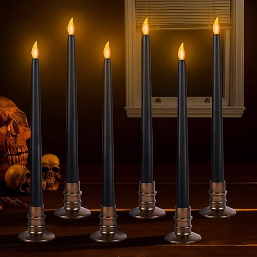 Paquete de 6 velas negras de Halloween, velas LED sin llama con bases, llama parpadeante, velas altas cónicas que funcionan con pilas, velas sin