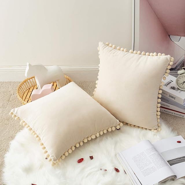 MIULEE Pack of 2 Velvet Cushion Covers Soft Square with Pompoms Decorative Throw Pillowcases Home for Livingroom Sofa Bedroom 20 x 20 Inch 50x 50 cm Cream