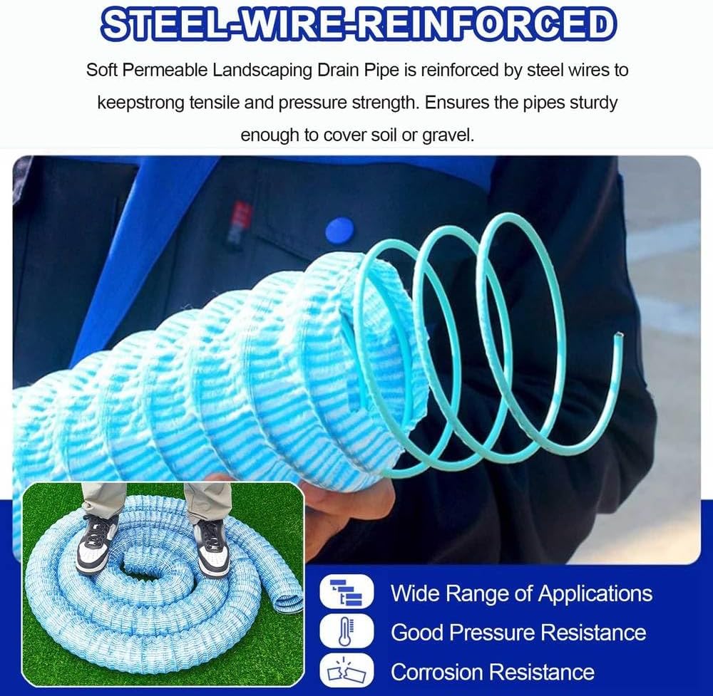 2/3/4/6/8/10/12 Inch French Drain Pipe Perforated Drainage Pipes Soft Infiltration Tubular Underground Drainage for Garden/Yard Steel Wire Reinforced Permeable Tube,L 4m(13.1ft),2in