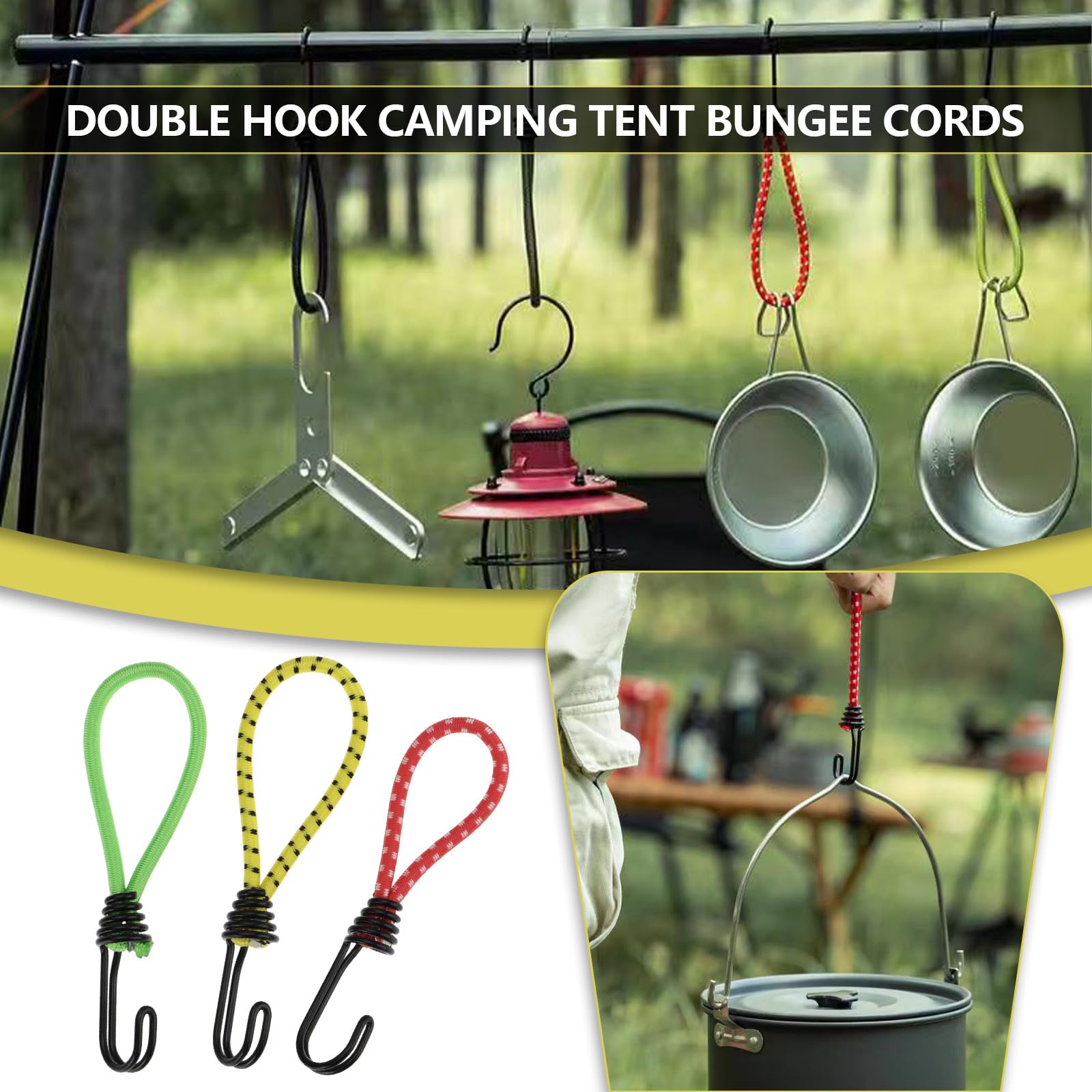 10pcs Bungee Ropes With Double Hooks – 16cm Shock Cord For Tent, Hammock, Awning, Canopy – 5 Colors, High Elasticity & Durability