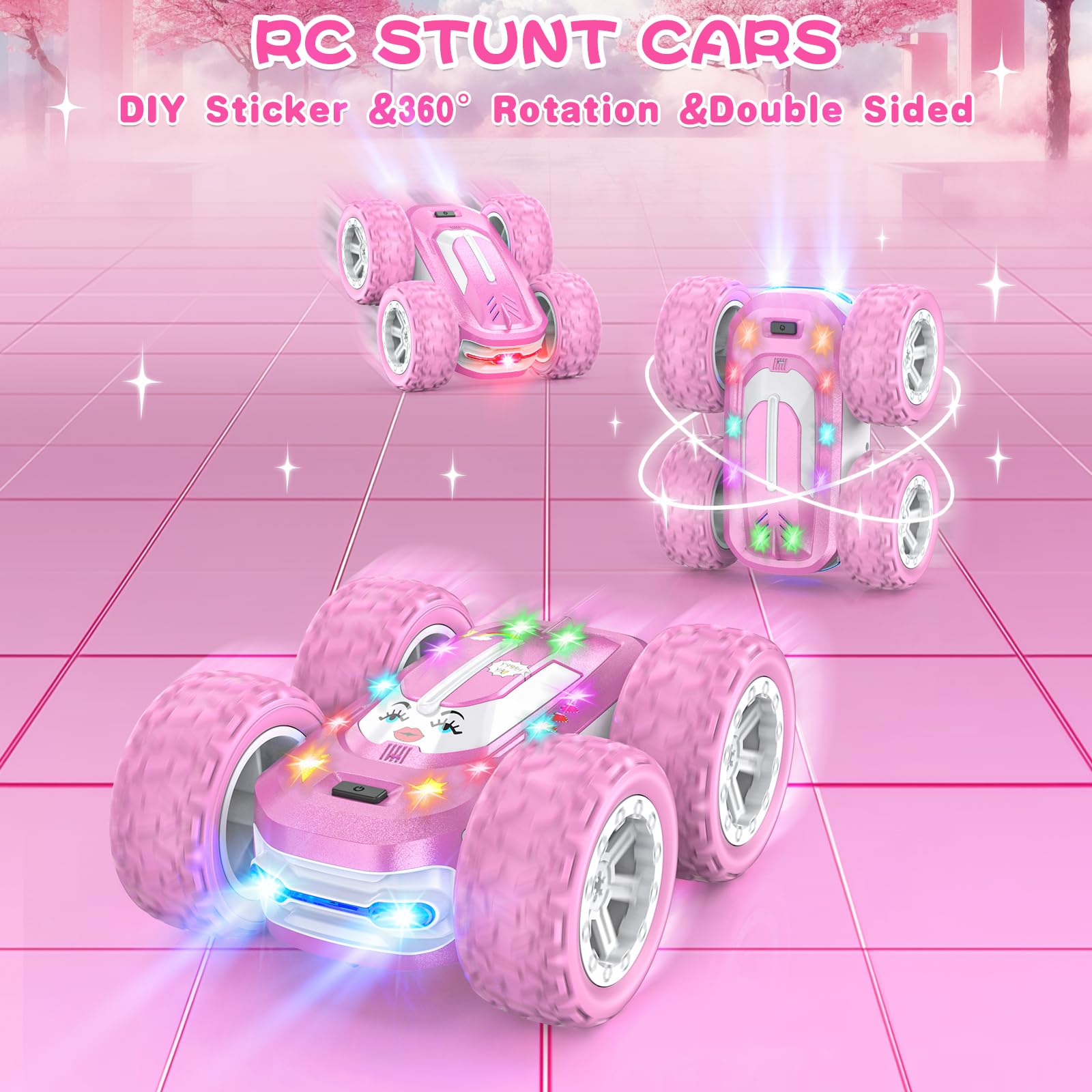 Pink Remote Control Car for Girls, RC Cars for Kids with DIY Sticker & Colorful Lights, 2.4Ghz Double Sided 360° Flips 4WD Stunt Car, Rechargeable Toy Cars for Girl Ages 4-6 5-7 6-8 8-12 Birthday Gift