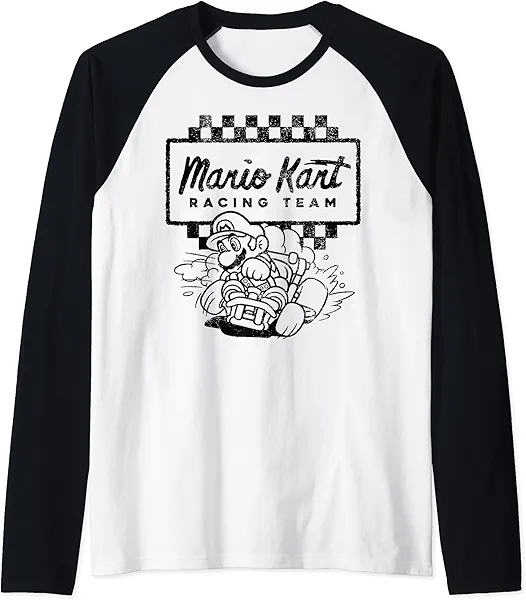 Mario Kart Racing Team Outlined Mario Drift Raglan Baseball Tee