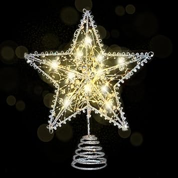 Emopeak Iron Art 20 LED Christmas Tree Topper, 8 x 10Inch Indoor Outdoor Star Treetop Light Two Modes Keep Light ON/Flash for 1.5Ft to 9Ft Christmas Tree Silver, 8 x 10 Inch
