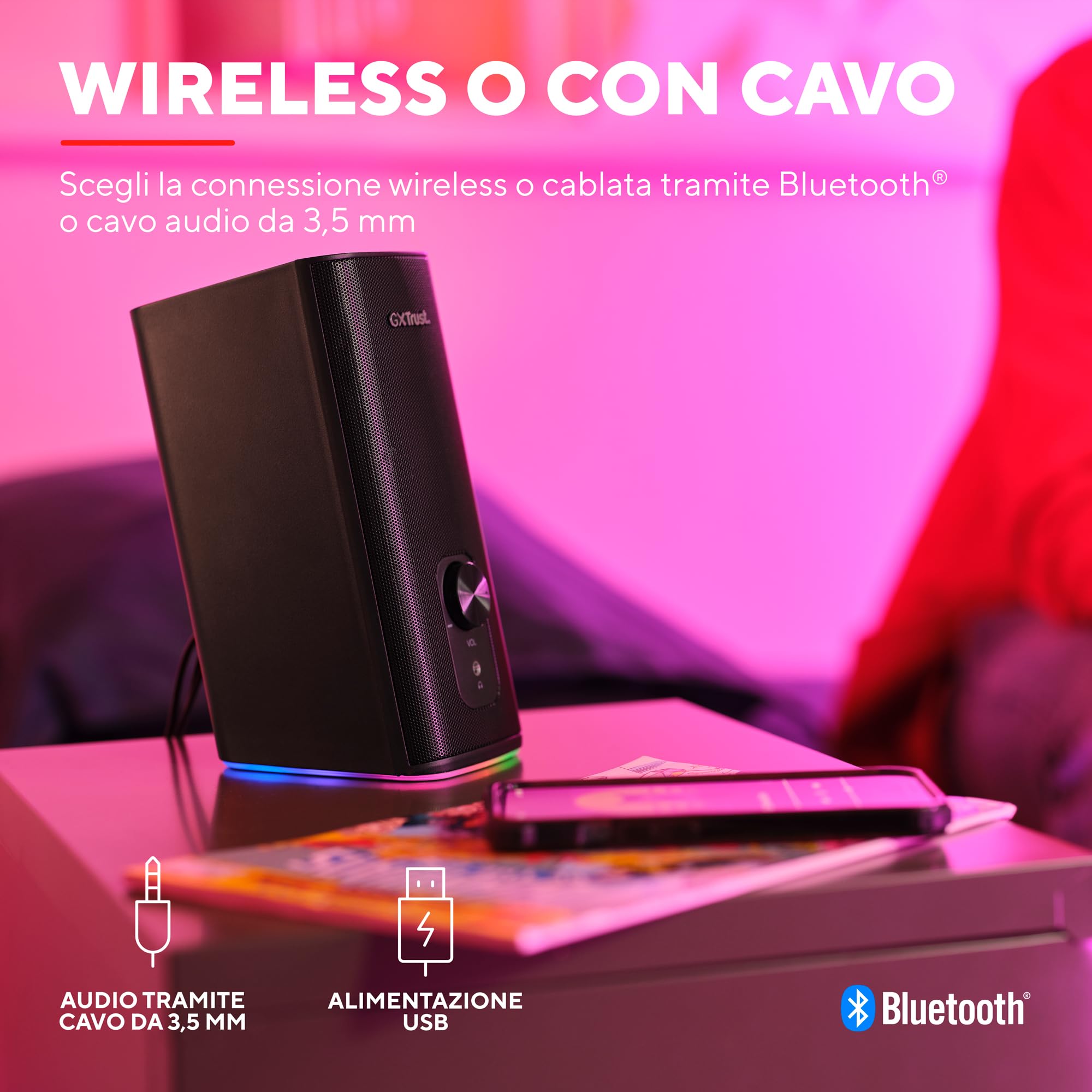 Trust Gaming GXT 612 Cetic Cassa Bluetooth 2.0, Casse PC con Illuminazione LED RGB, 18W (10W RMS), 76% Plastica Riciclata, Alimentazione USB, Altoparlante Bluetooth per Computer, Portatile - Nero