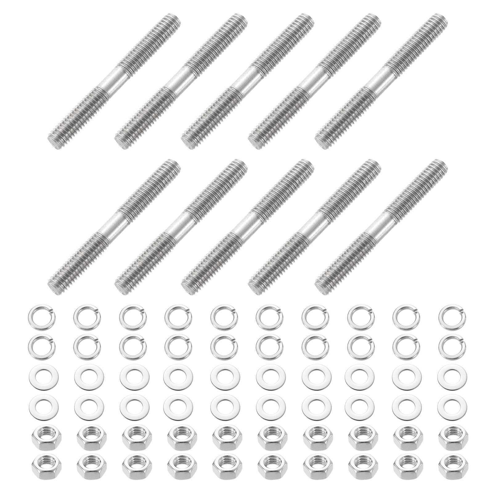 uxcell 10pcs Double Ended Stud Screws, M6x50mm 304 Stainless Steel Dual Threaded Rod Bolts with Nuts and Flat & Lock Washers Double End Threaded Stud Screw Bolt for House Maintenance