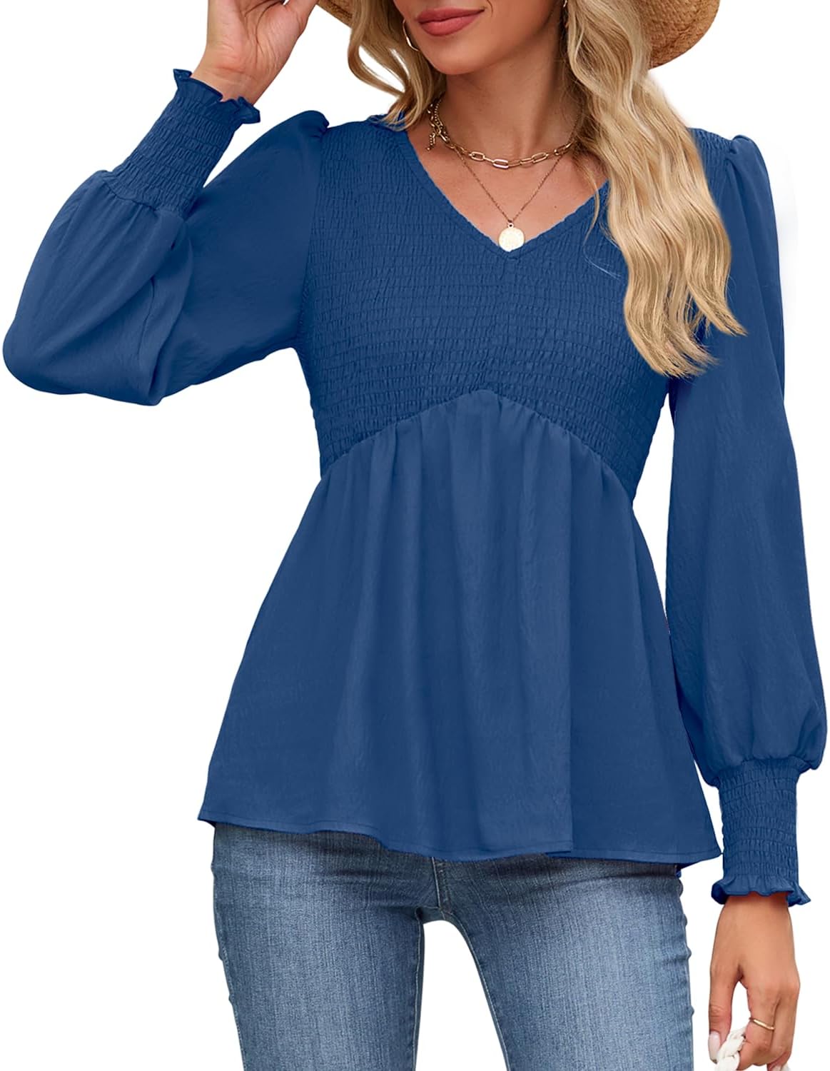 HEYTALALA Womens Long Sleeve Shirts V Neck Peplum Tops Dressy Casual Smocked Babydoll Blouses 2025 Fall Trendy Outfits