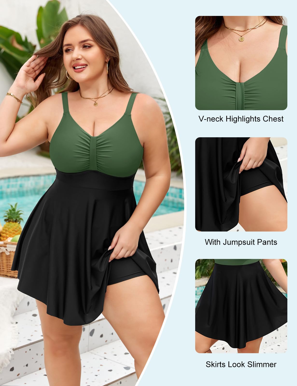 Bañadores Mujer Reductores Tallas Grandes Bañador Vientre Plano Push Up Cuello en V Trajes de Baño Una Pieza Plus Size Swimwear Swim Skirt con Pierna para Playa Piscina